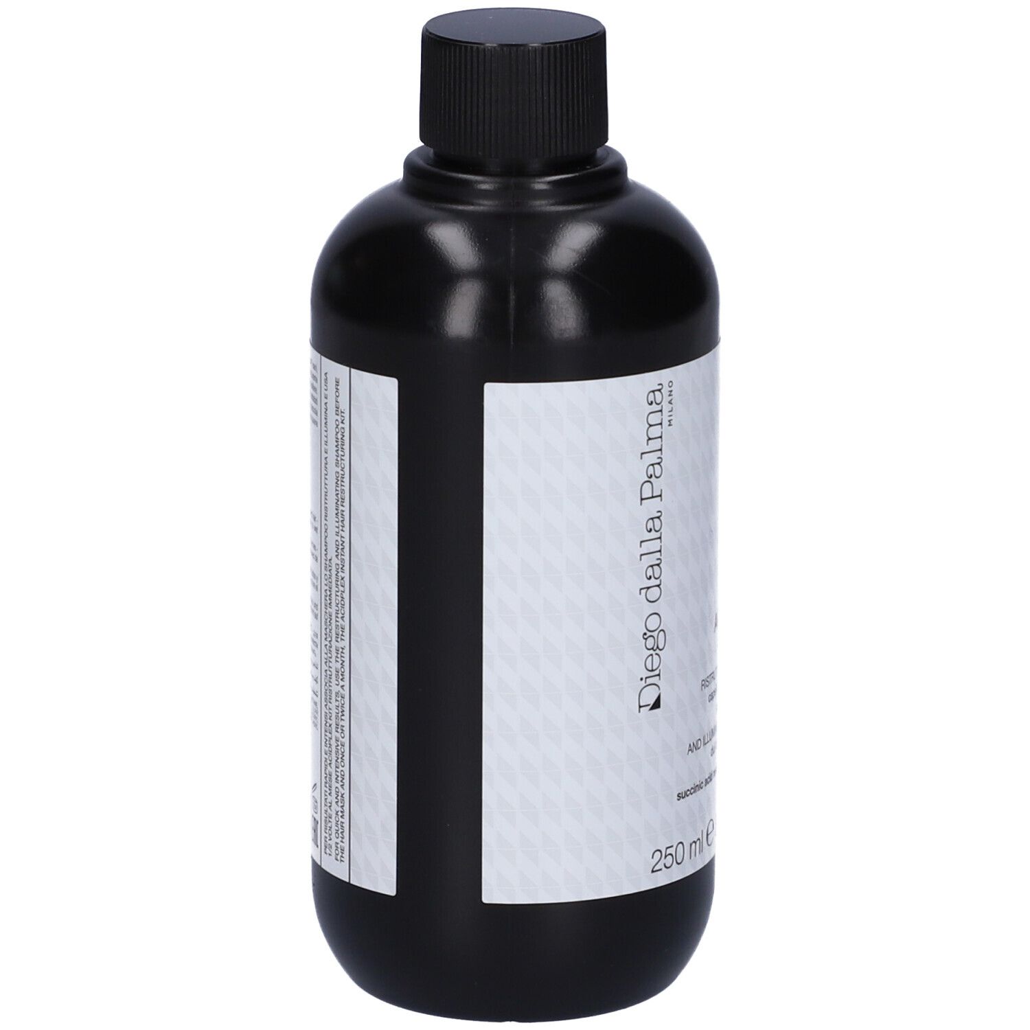 Flacone nero con tappo nero. Etichetta con testo. Volume: 250 ml.