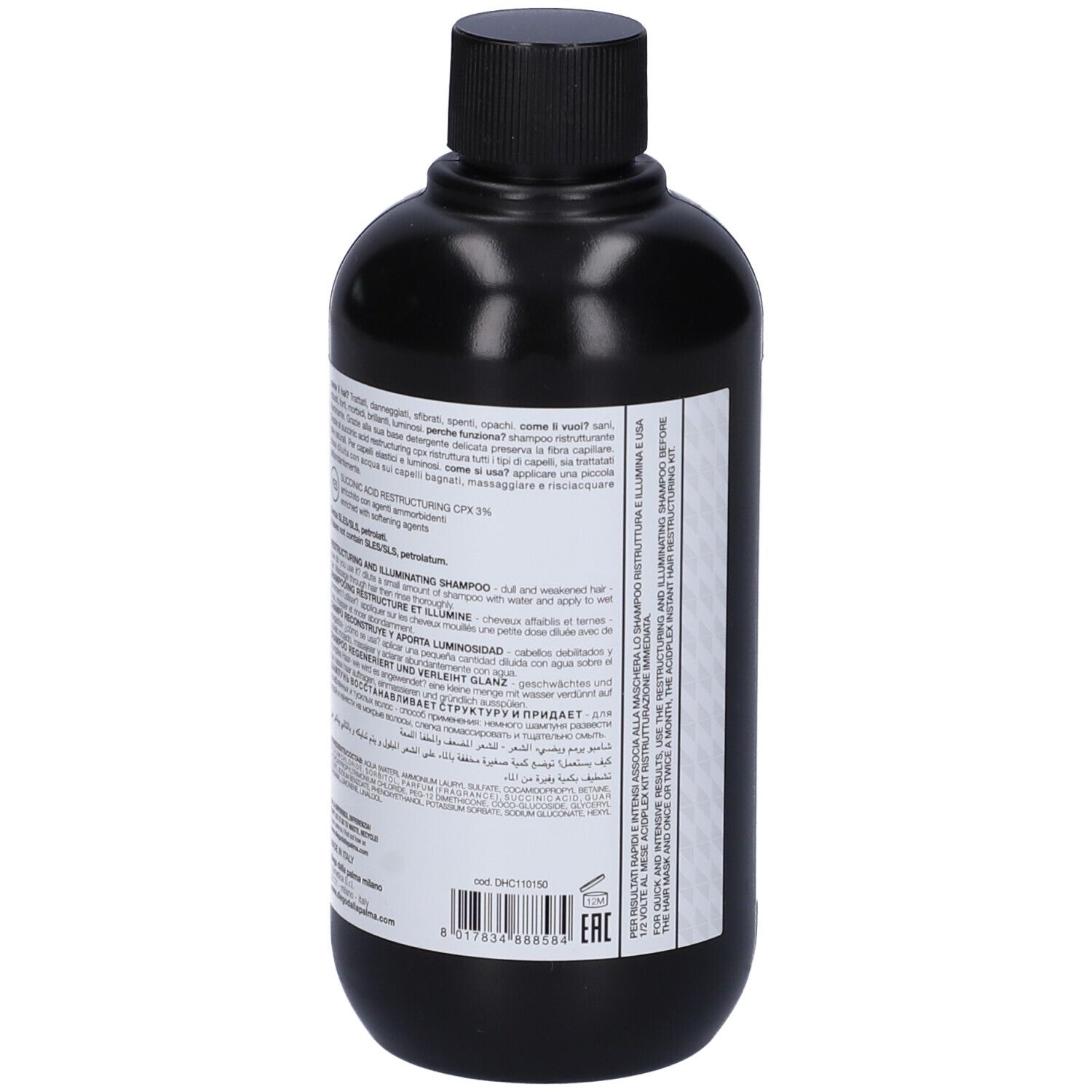 Flacone nero con tappo nero. Etichetta con testo. Volume: 250 ml.
