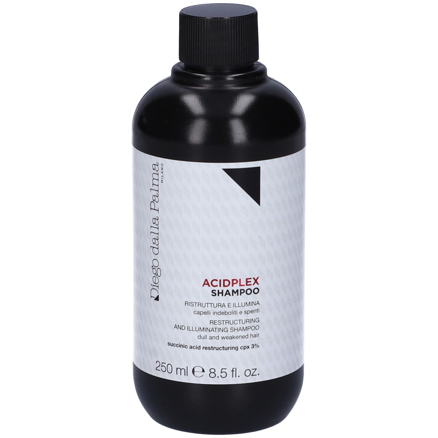 Flacone nero con tappo nero. Etichetta con nome prodotto e logo. Volume: 250 ml.