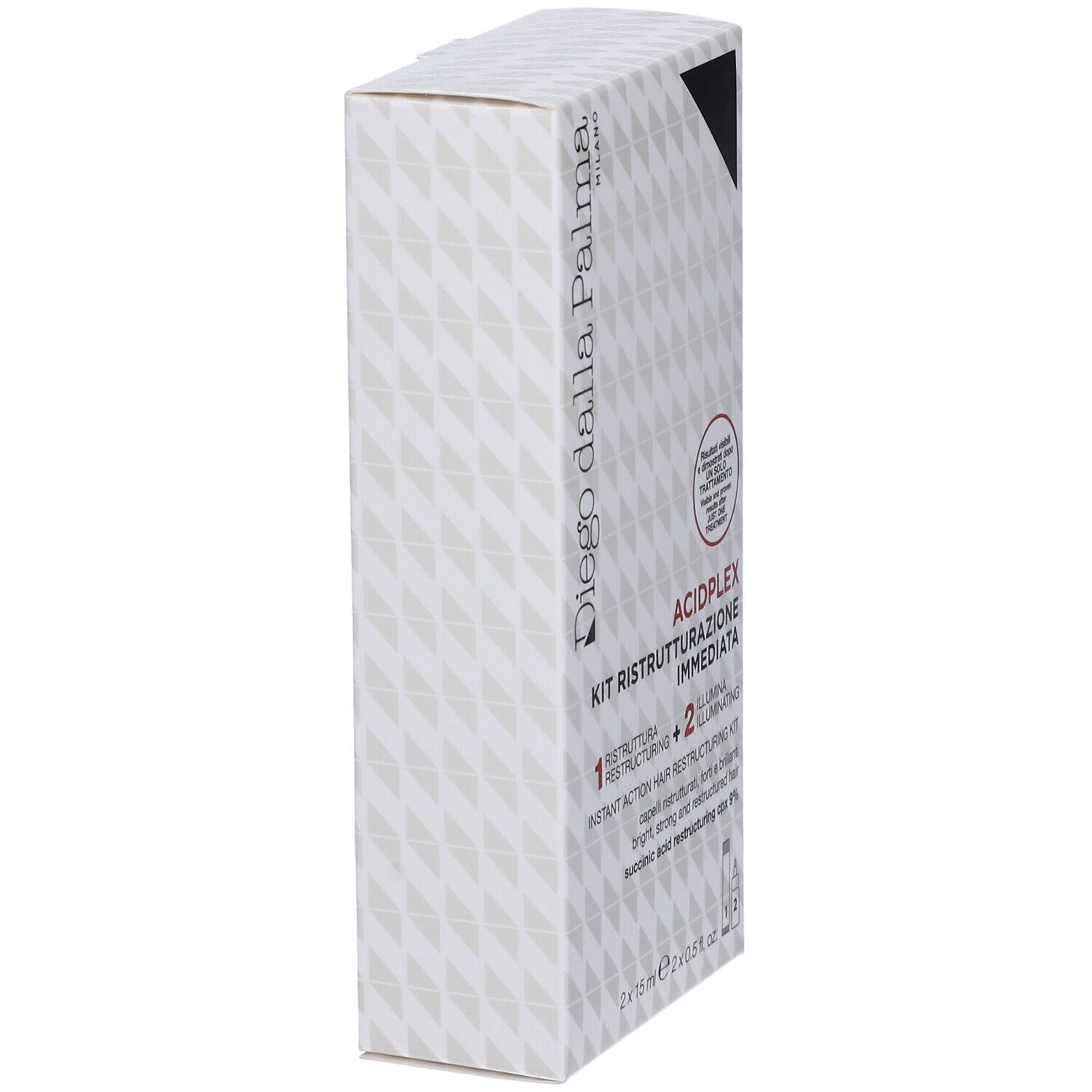 Confezione del prodotto, vista laterale obliqua. Logo e nome visibili. Motivo bianco sulla confezione.