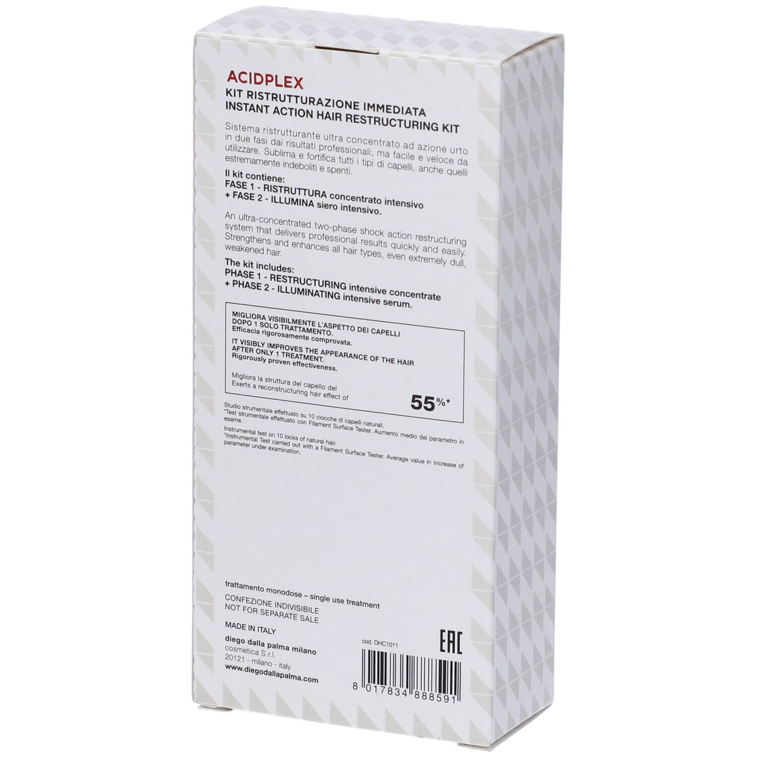 Retro della confezione del prodotto. Informazioni testuali e ingredienti. Logo e nome visibili.