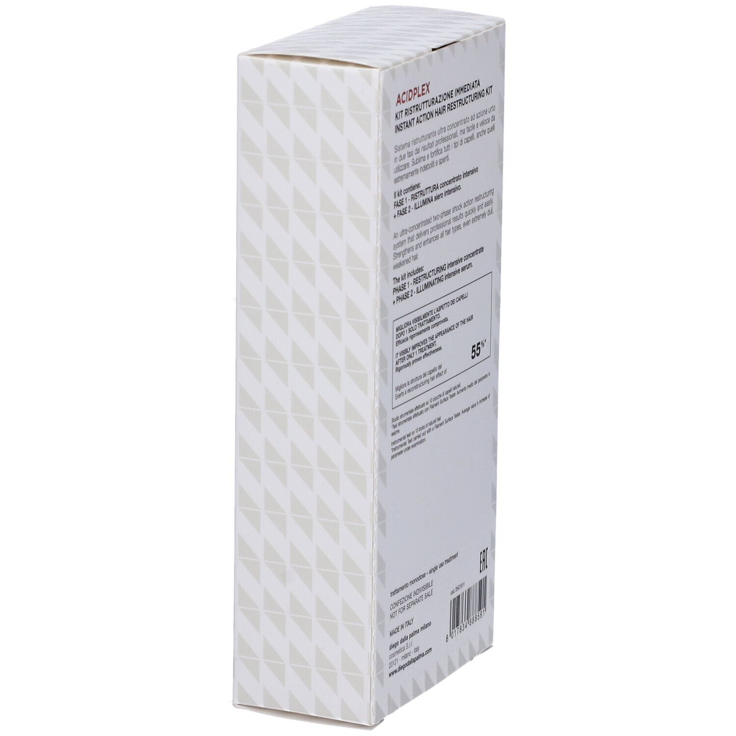 Confezione del prodotto, vista laterale obliqua. Informazioni testuali e logo visibili. Motivo bianco.