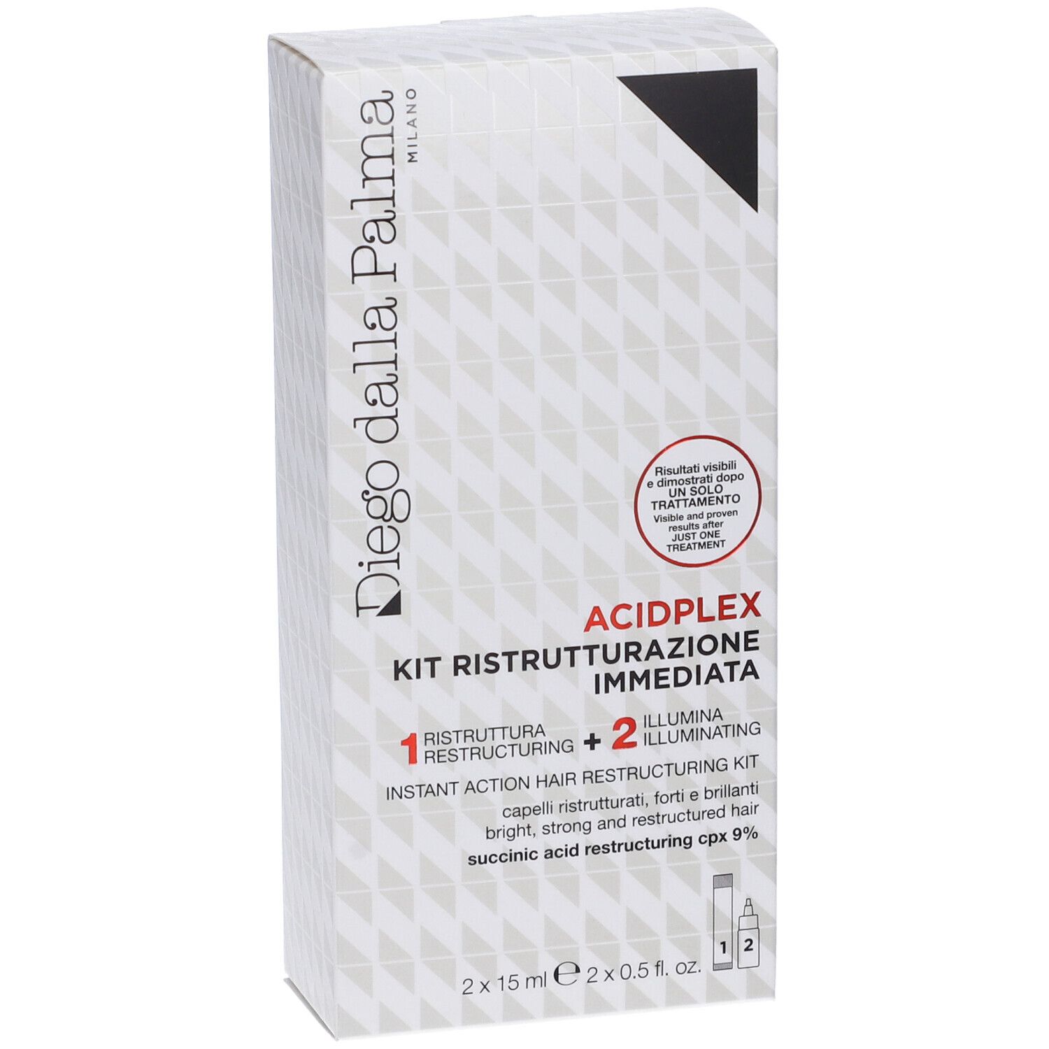 Confezione con logo e nome del prodotto. Contiene due flaconi. Testo: Acid Plex Kit, Ristrutturazione Immediata.