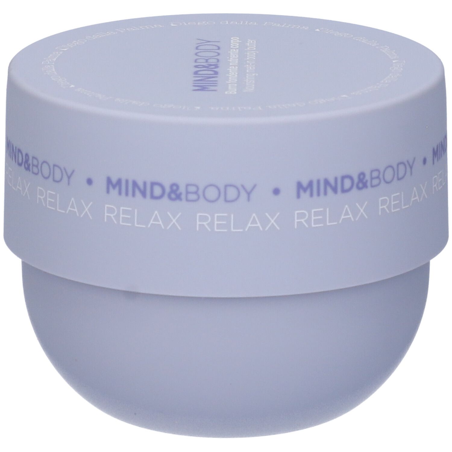 Vaso lilla chiaro con coperchio. Sul coperchio è scritto "MIND&BODY RELAX".