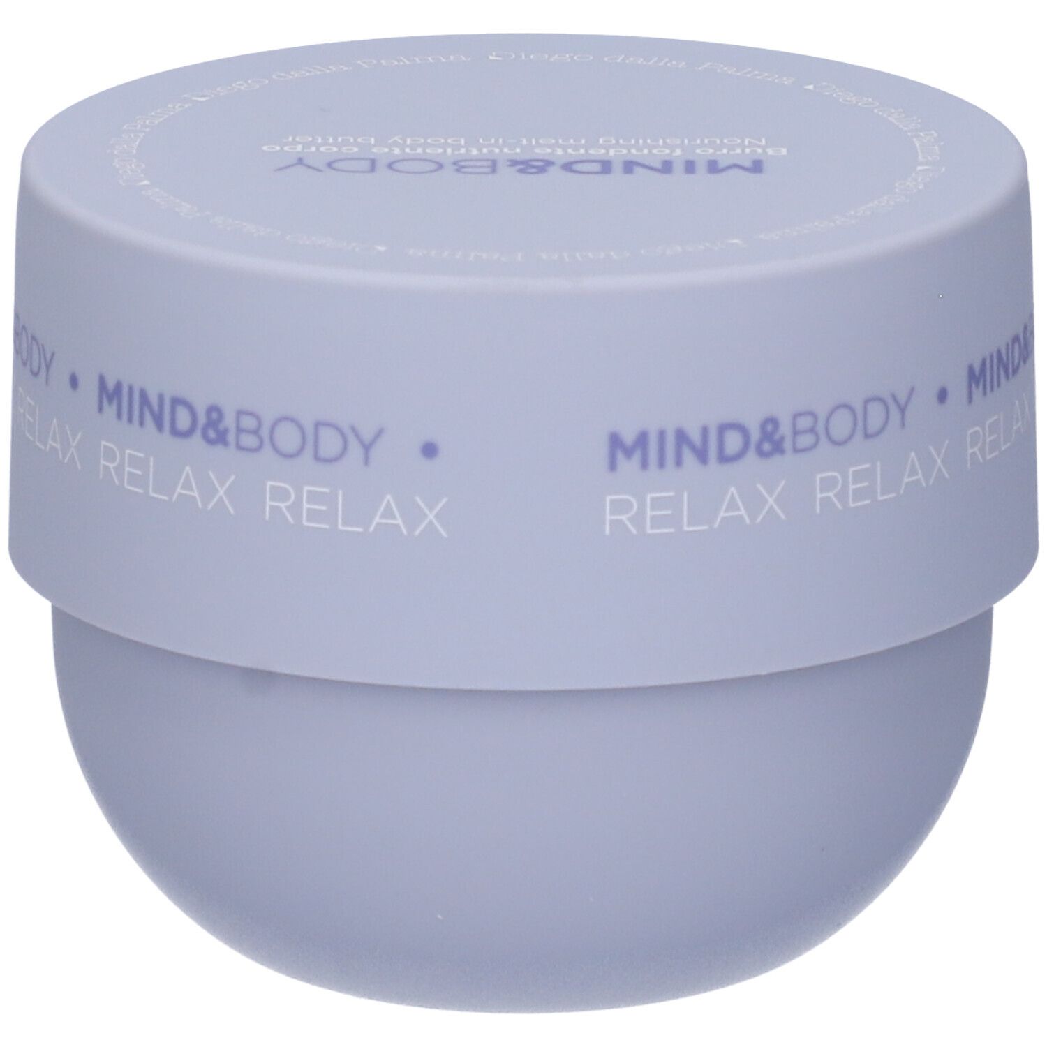 Vaso lilla chiaro con coperchio. Sul coperchio è scritto "MIND&BODY RELAX".