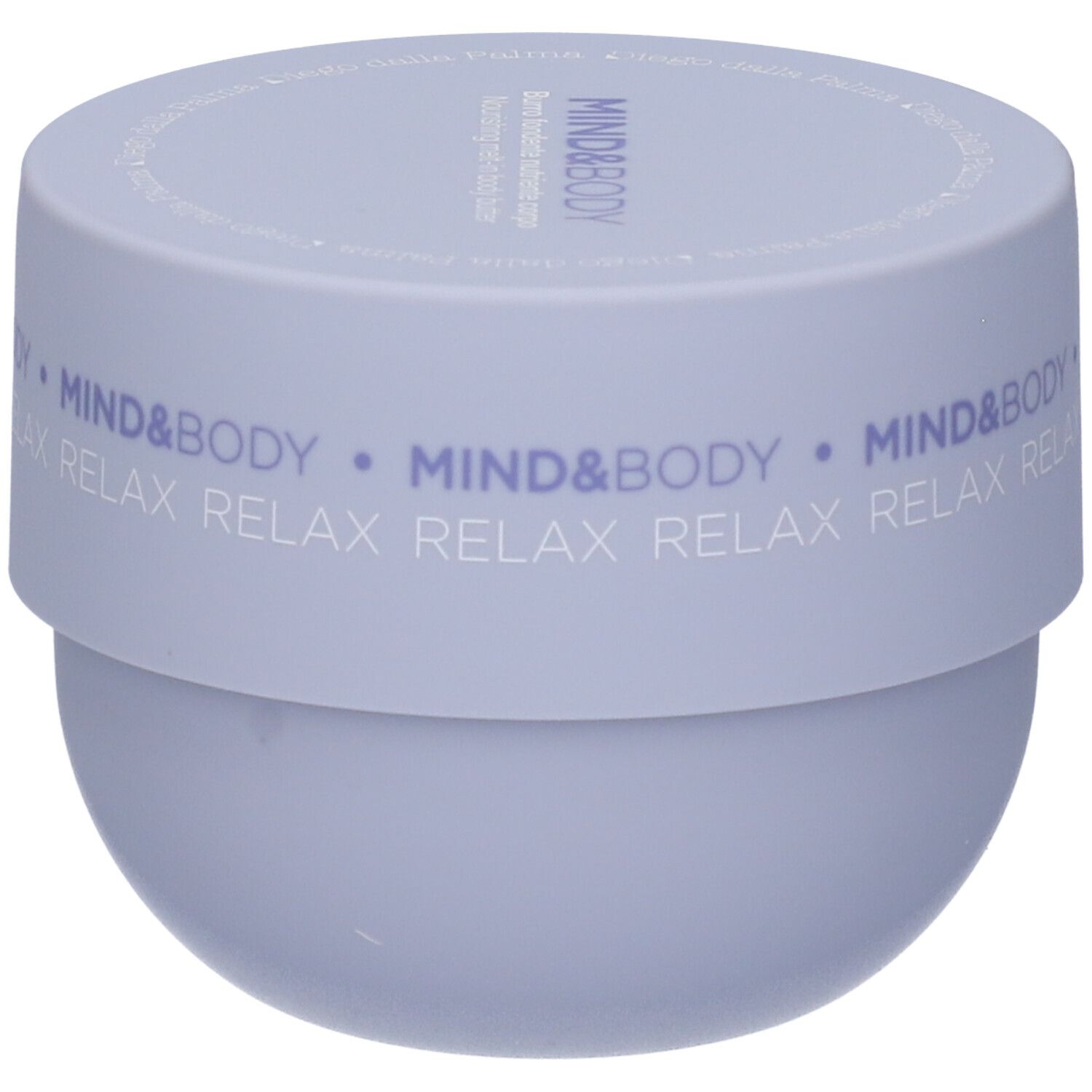 Vaso lilla chiaro con coperchio. Sul coperchio è scritto "MIND&BODY RELAX".
