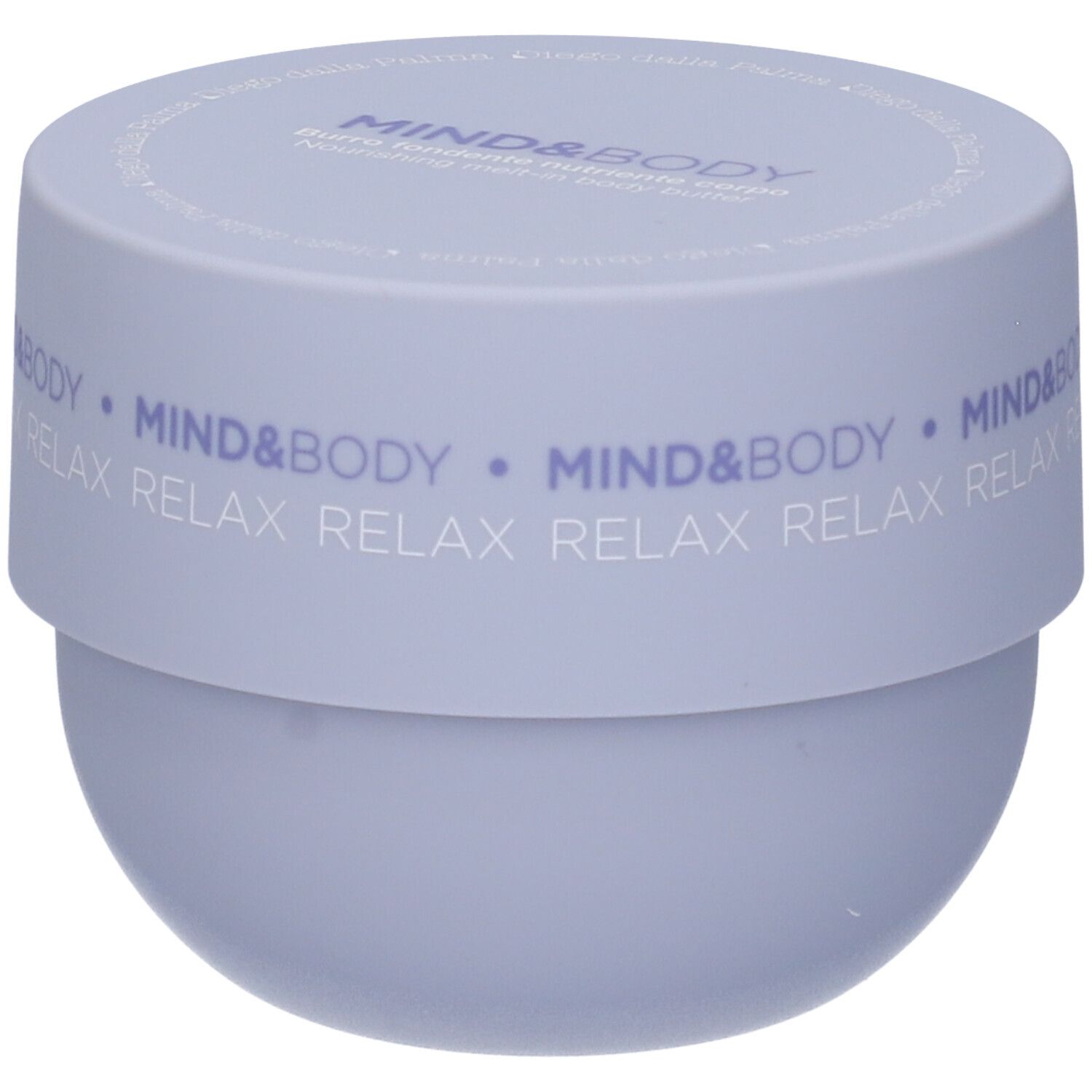 Vaso lilla chiaro con coperchio. Sul coperchio è scritto "MIND&BODY RELAX".