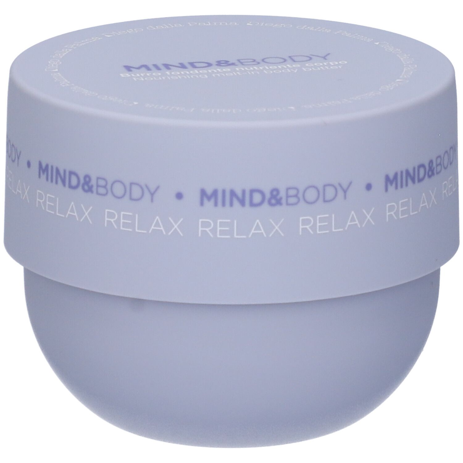 Vaso lilla chiaro con coperchio. Sul coperchio è scritto "MIND&BODY RELAX".