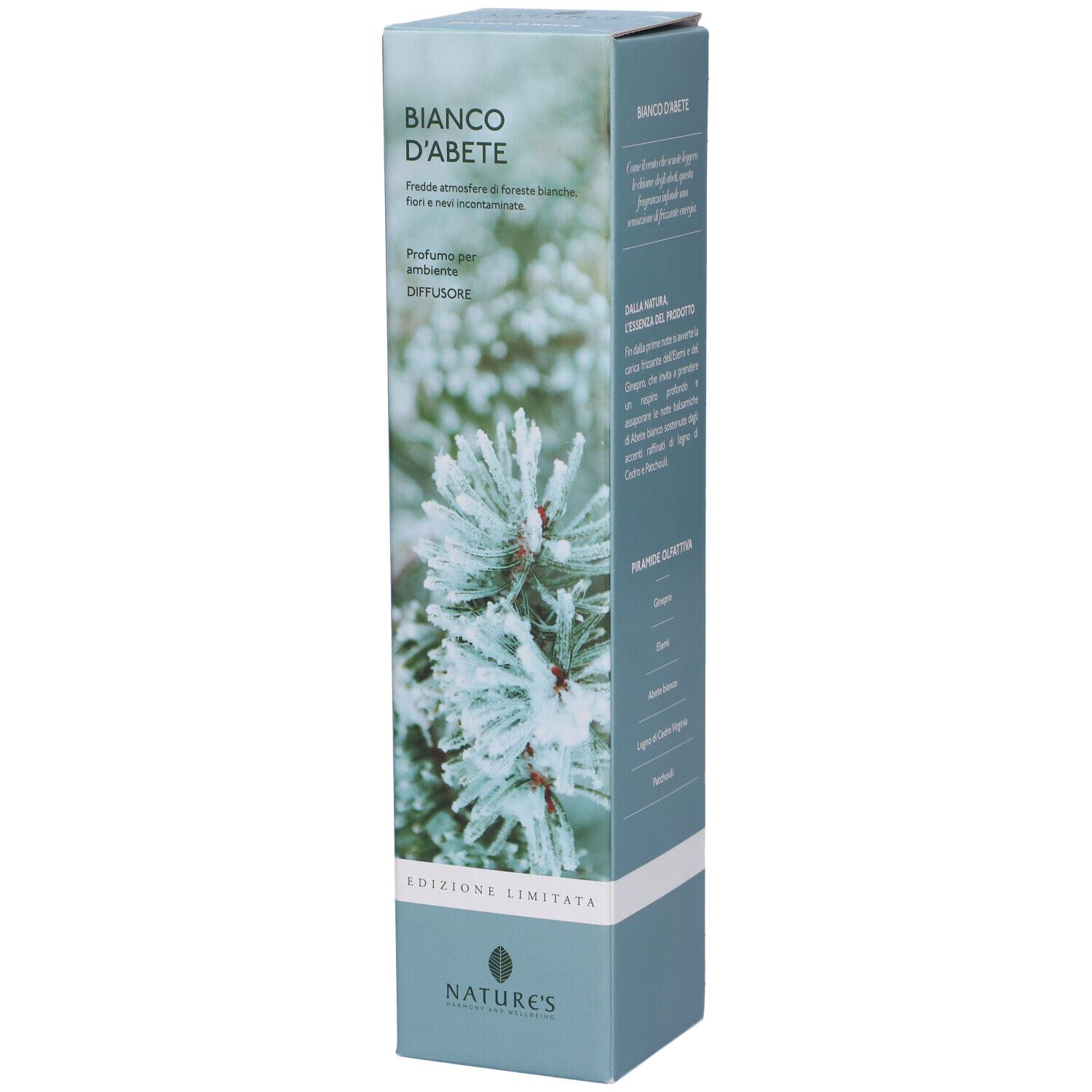 Confezione prodotto stretta e alta con nome e logo. Illustrazione di rami di abete.