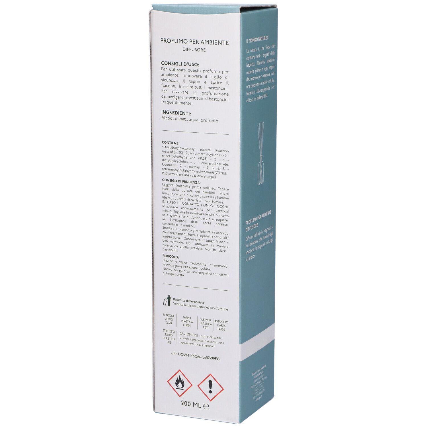 Confezione prodotto stretta e alta con nome e logo. Illustrazione di rami di abete.