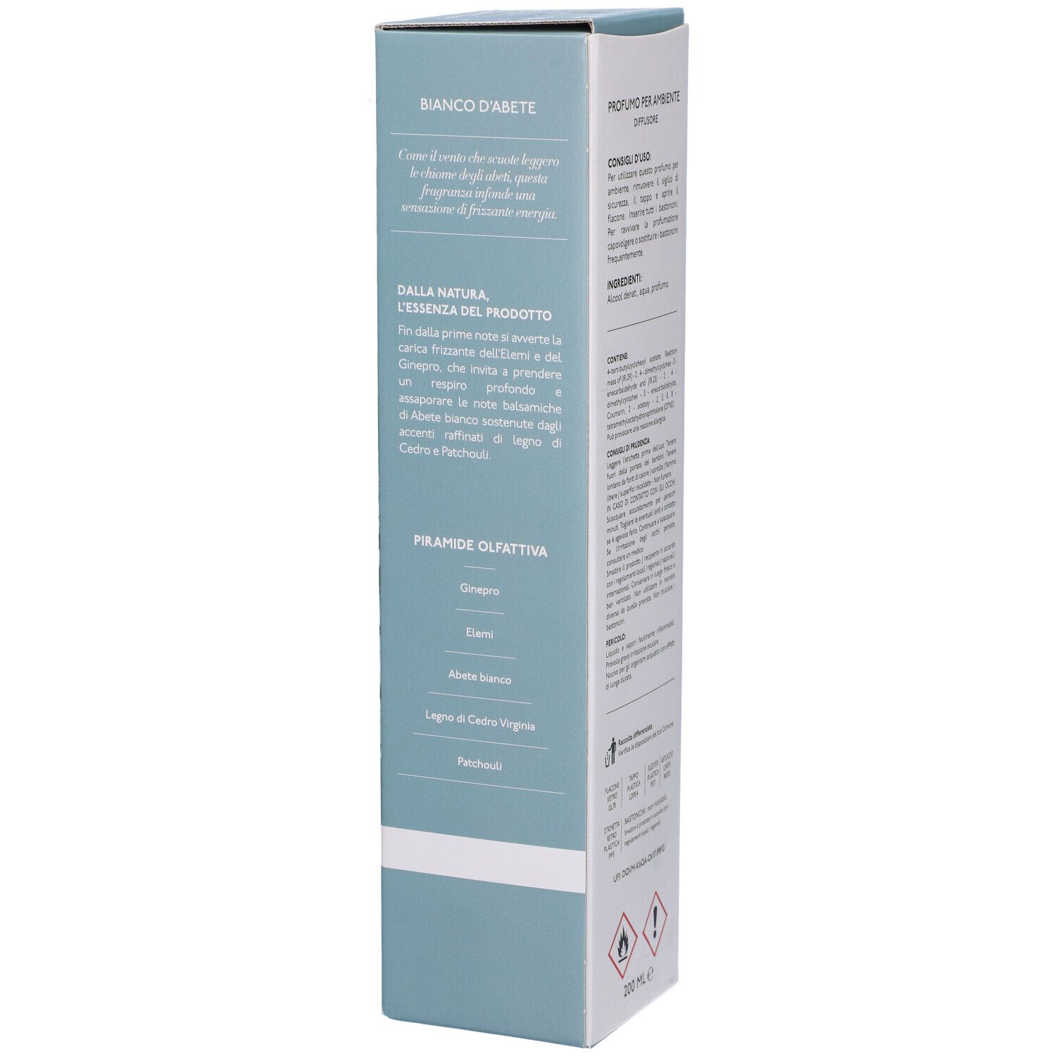 Confezione prodotto stretta e alta con nome e logo. Illustrazione di rami di abete.