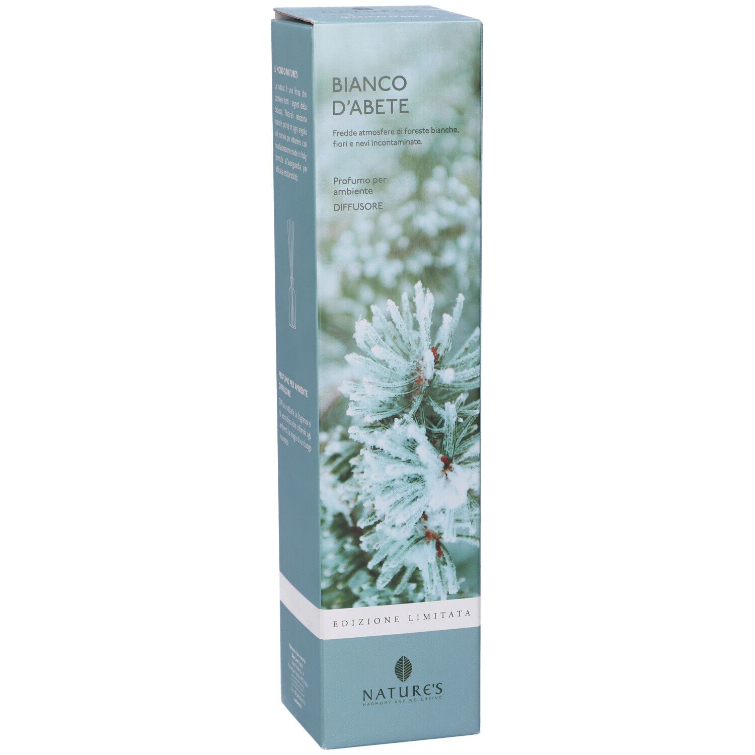 Confezione prodotto stretta e alta con nome e logo. Illustrazione di rami di abete.