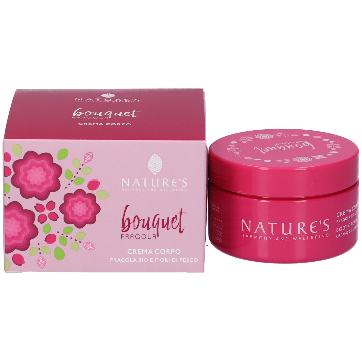 Vaso e confezione rosa. Scritte: NATURE'S, Bouquet, Crema Corpo, Body Cream.