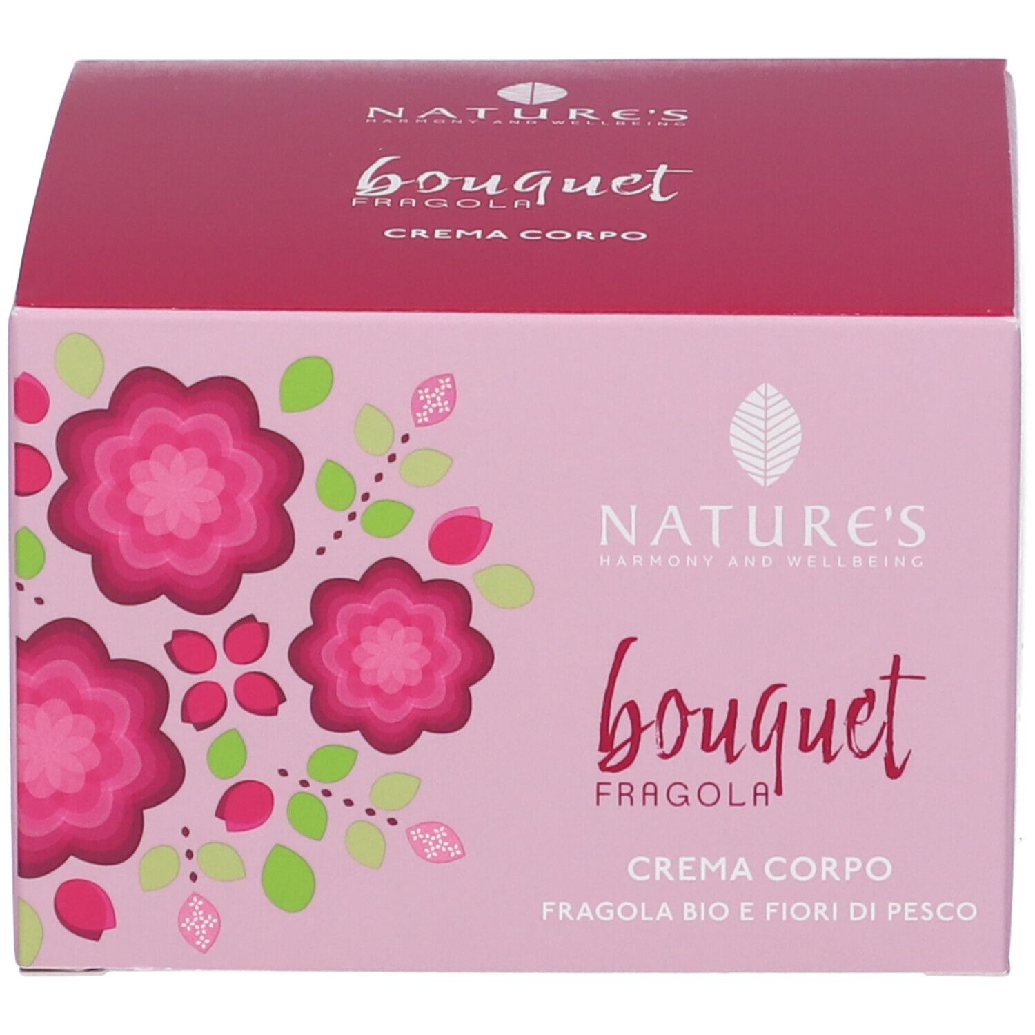 Confezione rosa con motivo floreale. Scritte: NATURE'S, Bouquet, Crema Corpo, Body Cream.