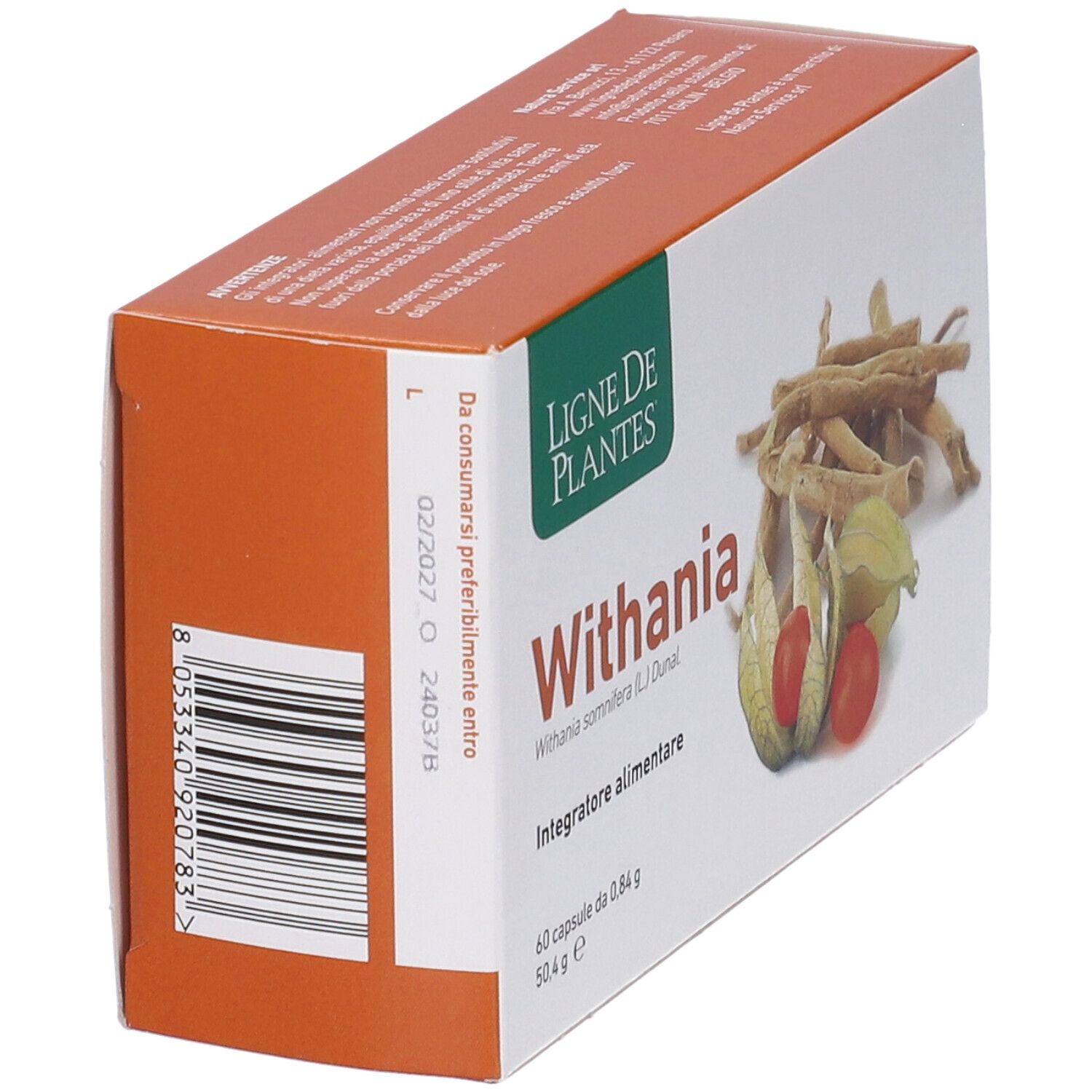 Confezione di capsule Withania. Scritta: Withania, 60 capsule. Codice a barre e data di scadenza.