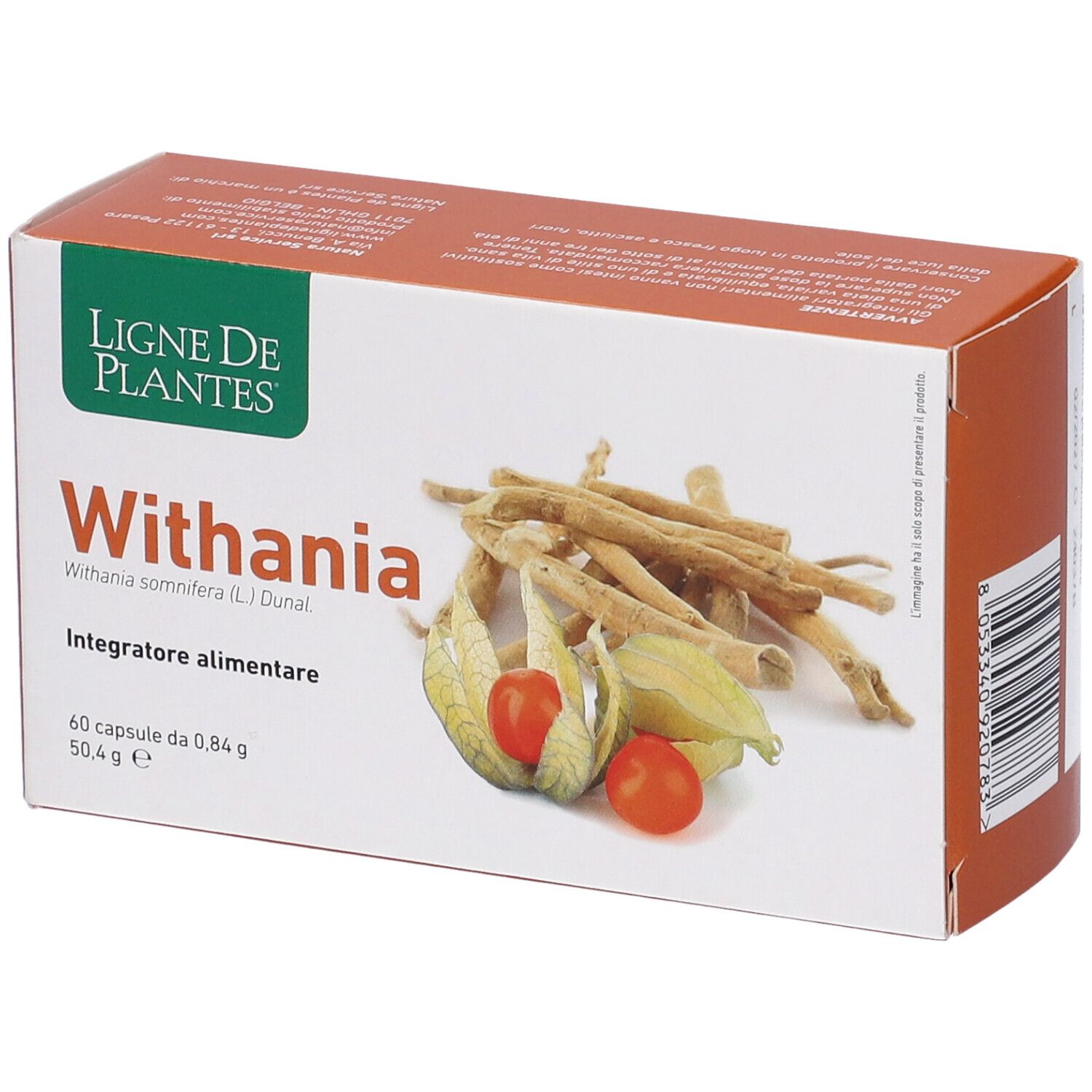 Confezione di capsule Withania. Scritta: Withania, 60 capsule. Illustrazione di piante e frutti.
