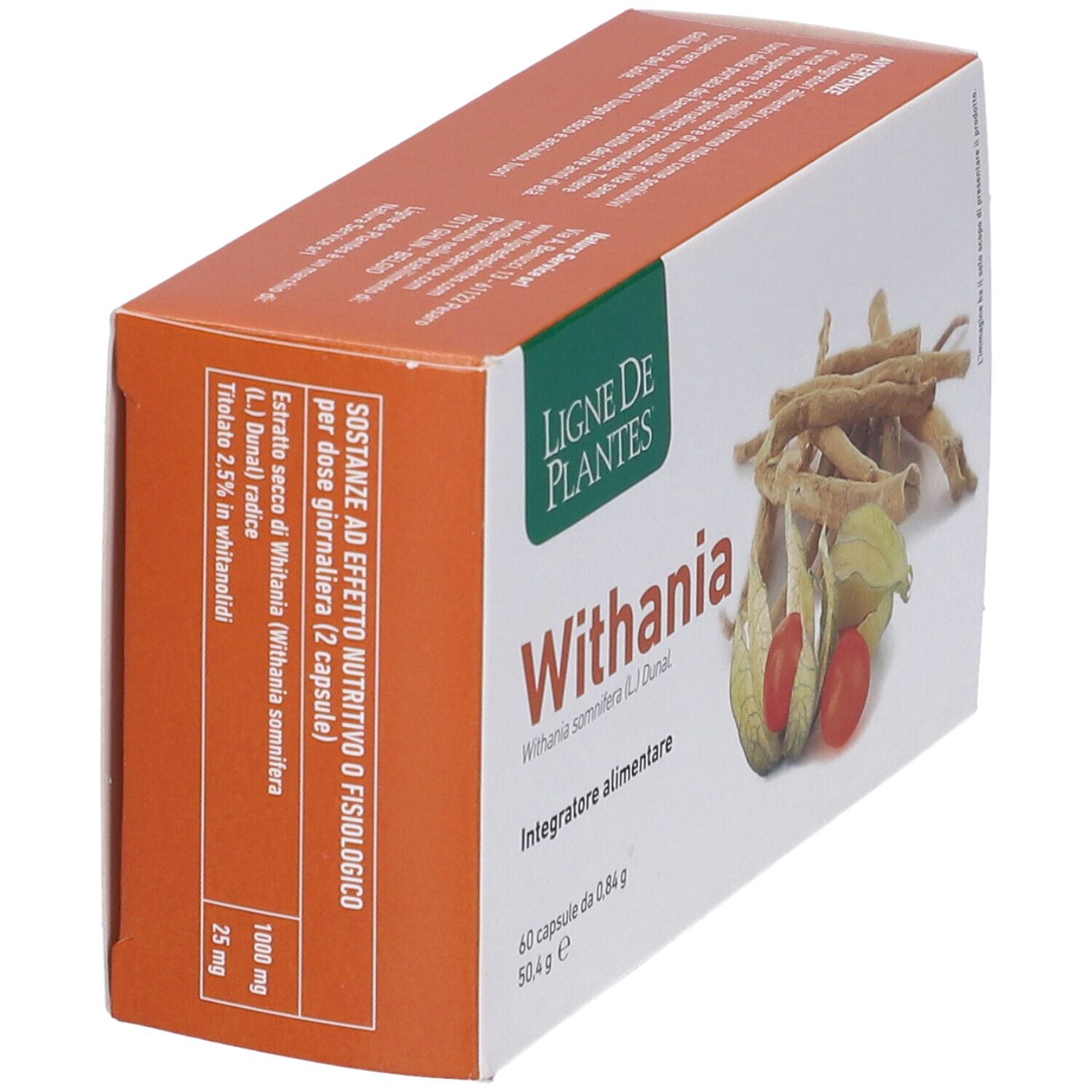 Confezione di capsule Withania. Scritta: Withania, 60 capsule. Composizione e dosaggio.