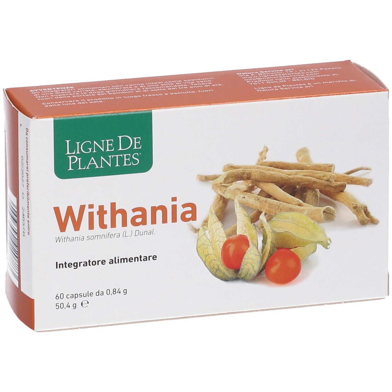 Confezione di capsule Withania. Scritta: Withania, 60 capsule. Illustrazione di piante e frutti.