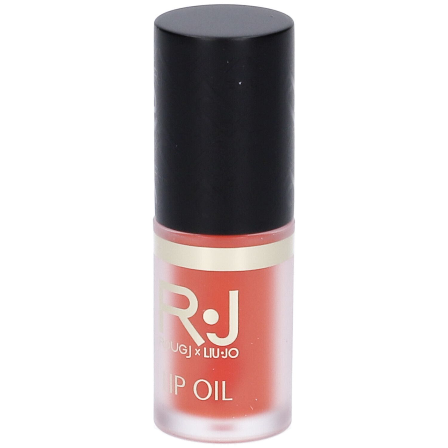 Olio labbra in flacone cilindrico con tappo nero. Logo R.J. e LIU JO. Scritta: LIP OIL.