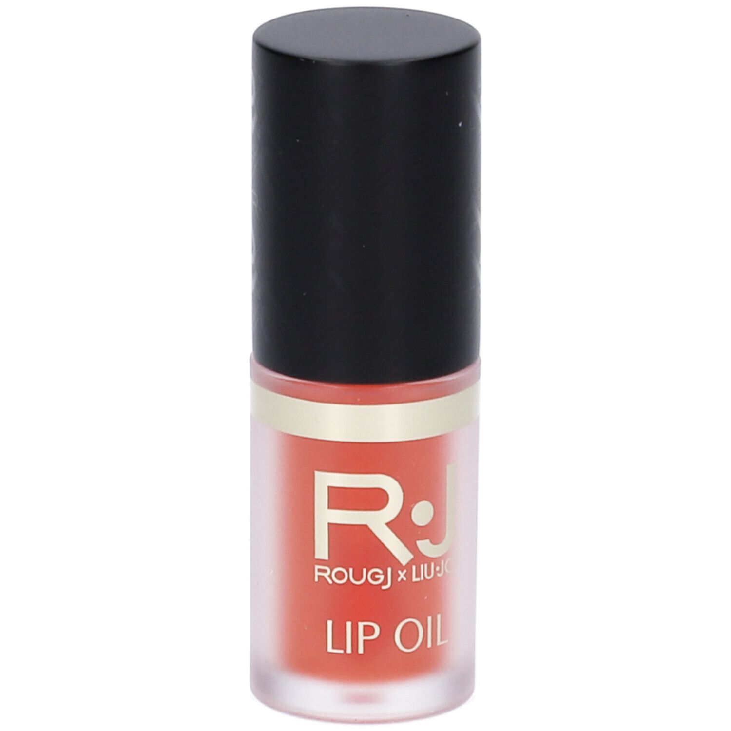 Olio labbra in flacone cilindrico con tappo nero. Logo R.J. e LIU JO. Scritta: LIP OIL.