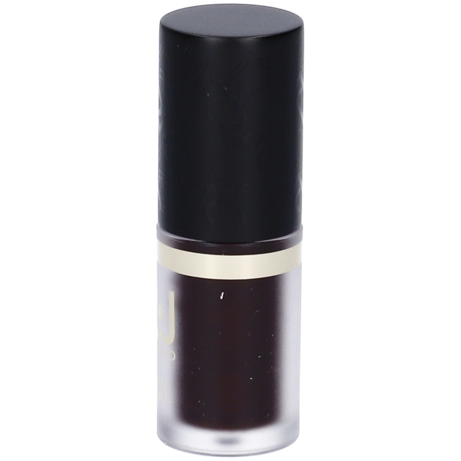 Flacone cilindrico con tappo nero. Contiene un liquido scuro. Striscia dorata tra tappo e flacone.