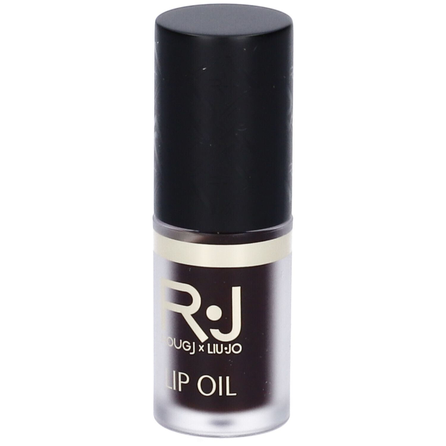 Olio labbra in flacone cilindrico con tappo nero. Scritta: R.J. ROUGJ x LIU JO, LIP OIL.