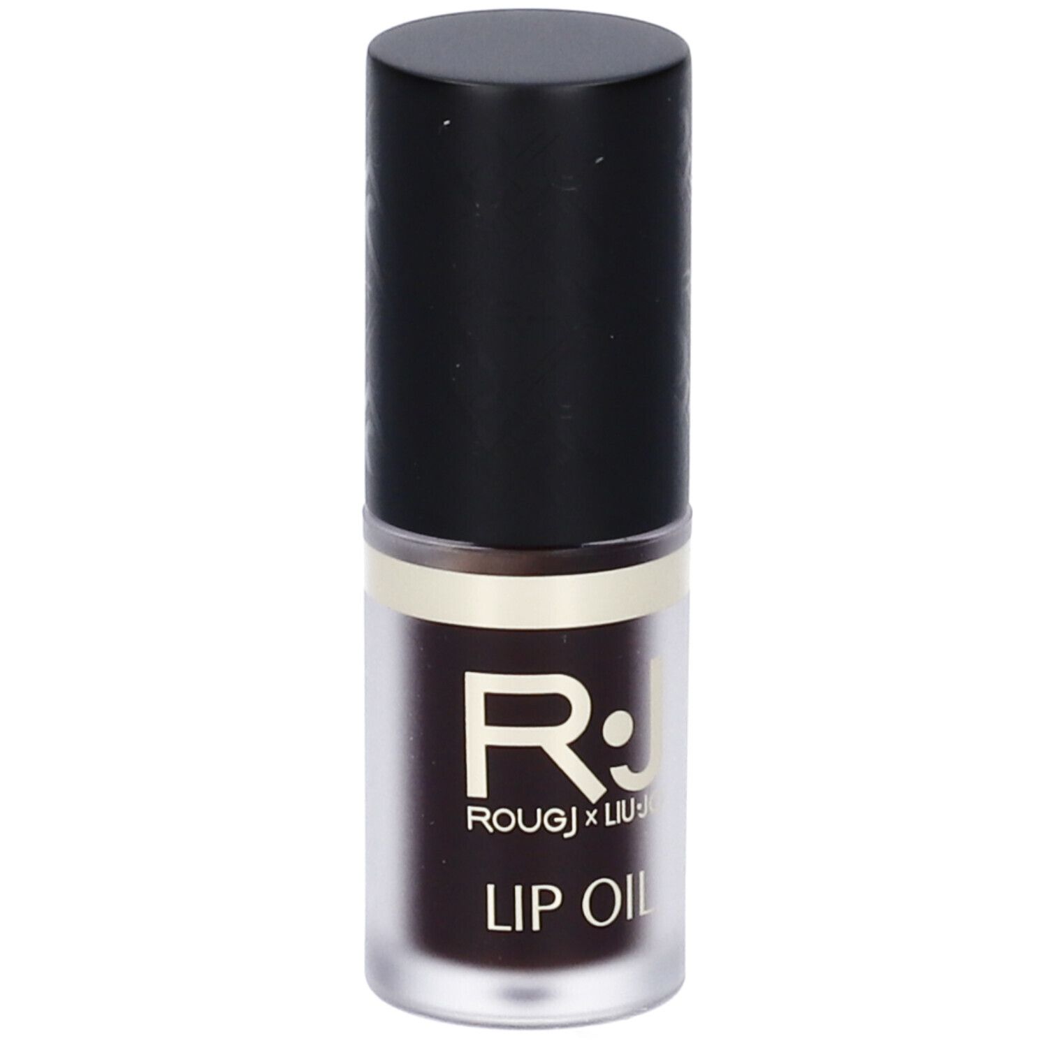 Olio labbra in flacone cilindrico con tappo nero. Scritta: R.J. ROUGJ x LIU JO, LIP OIL.
