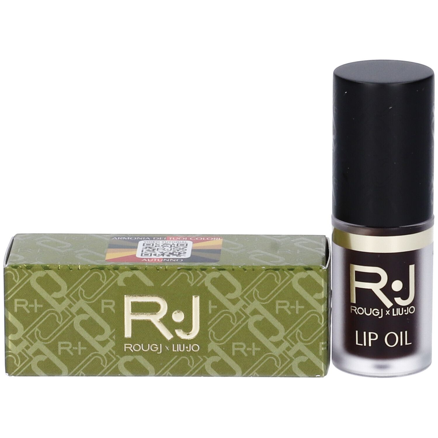 Flacone olio labbra e confezione. Flacone con tappo nero, scritta: R.J. ROUGJ x LIU JO, LIP OIL. Confezione verde.