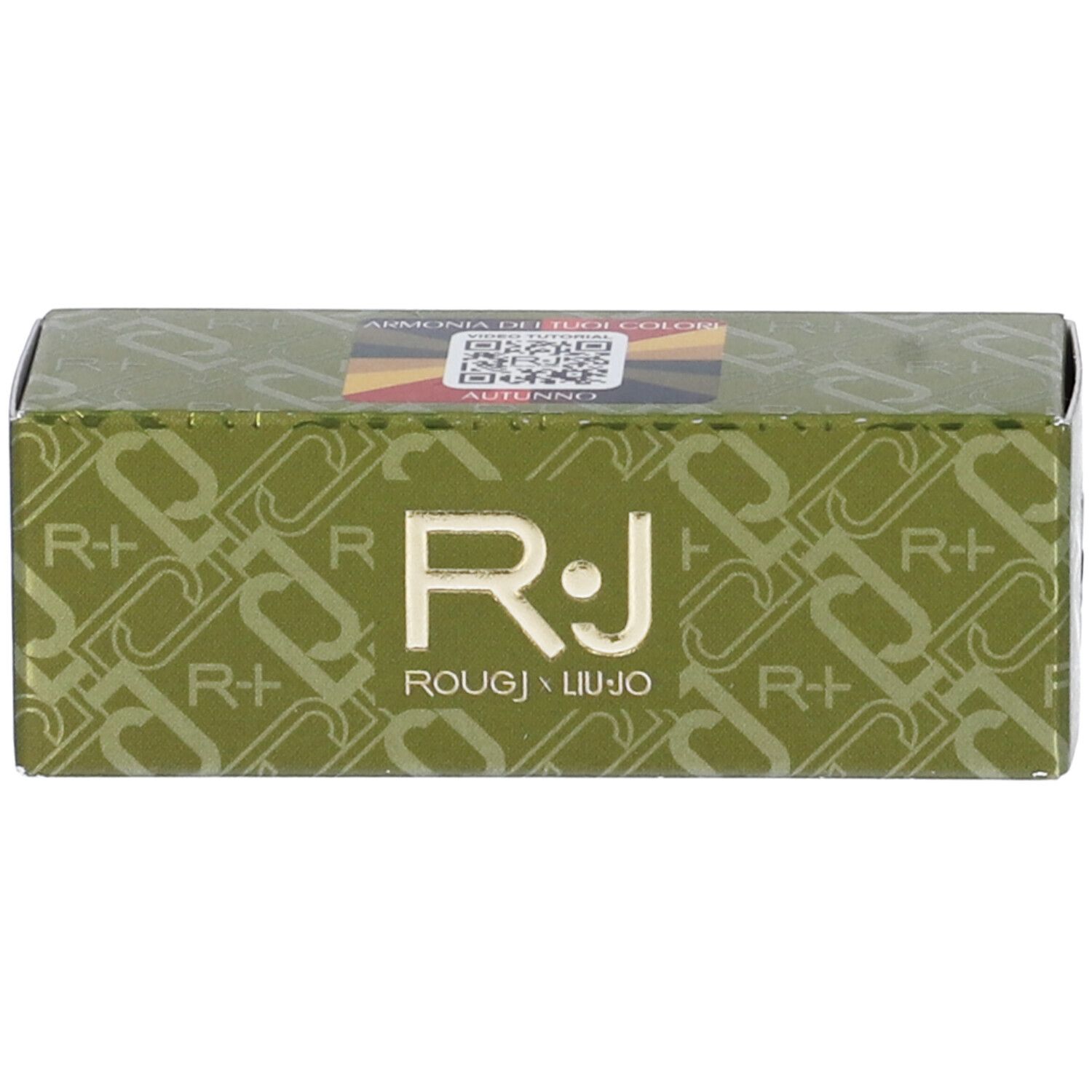 Confezione verde con logo e scritta dorati. Scritta: R.J. ROUGJ x LIU JO, ARMONIA DEI COLORI AUTUNNO.