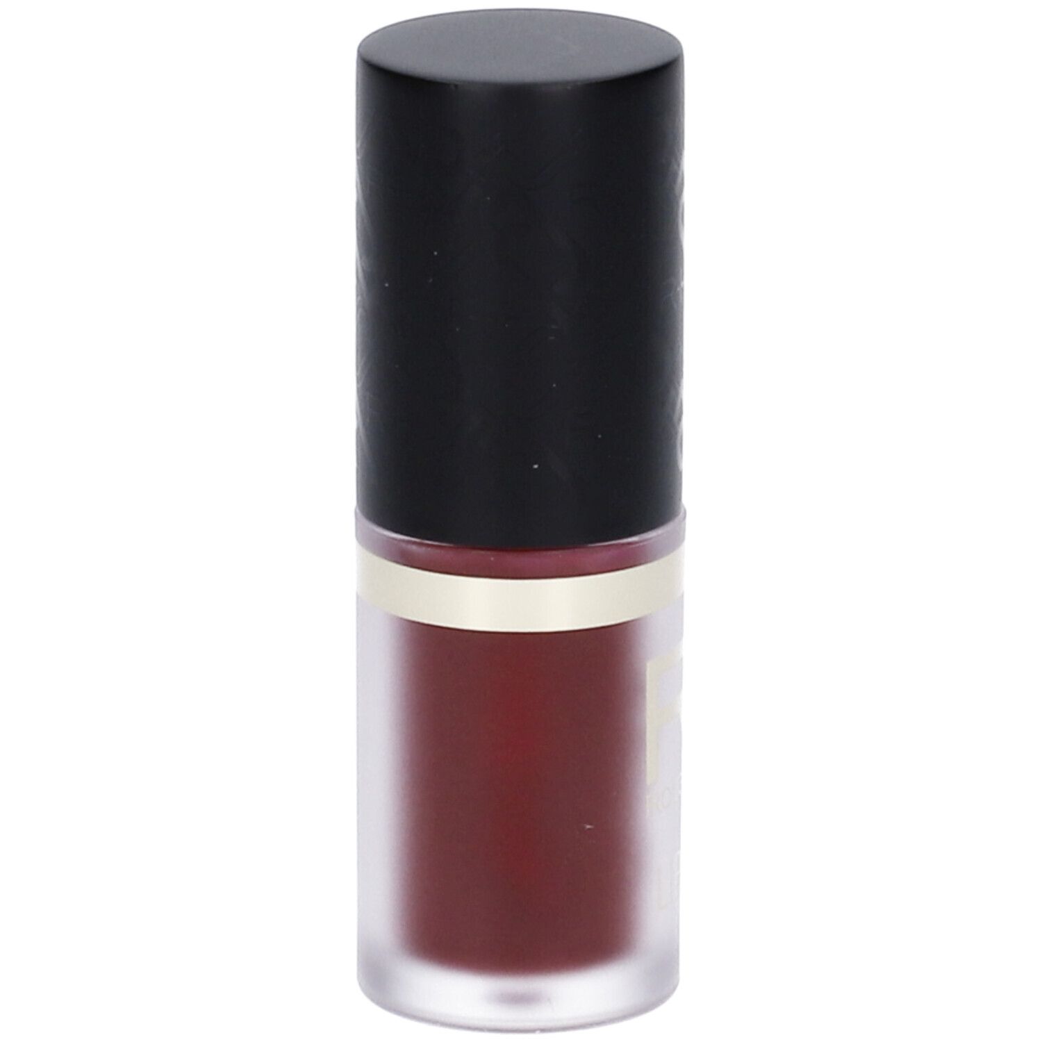 Flacone cilindrico con tappo nero. Olio labbra con anello dorato. Contenuto rosso-marrone.