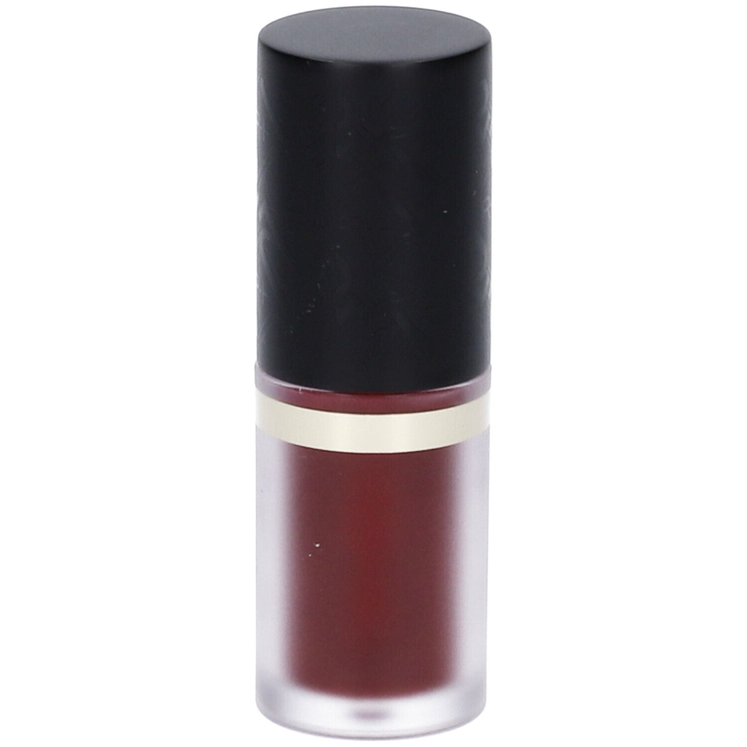 Flacone cilindrico con tappo nero. Olio labbra con anello dorato. Contenuto rosso-marrone.