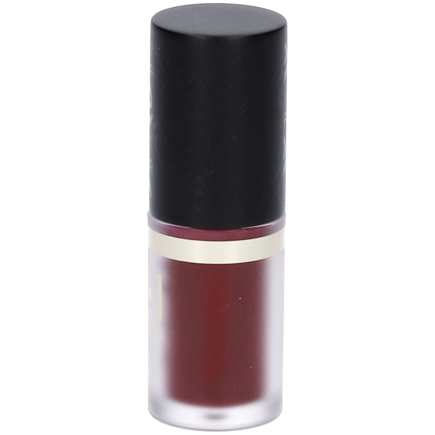 Flacone cilindrico con tappo nero. Olio labbra con anello dorato. Contenuto rosso-marrone.