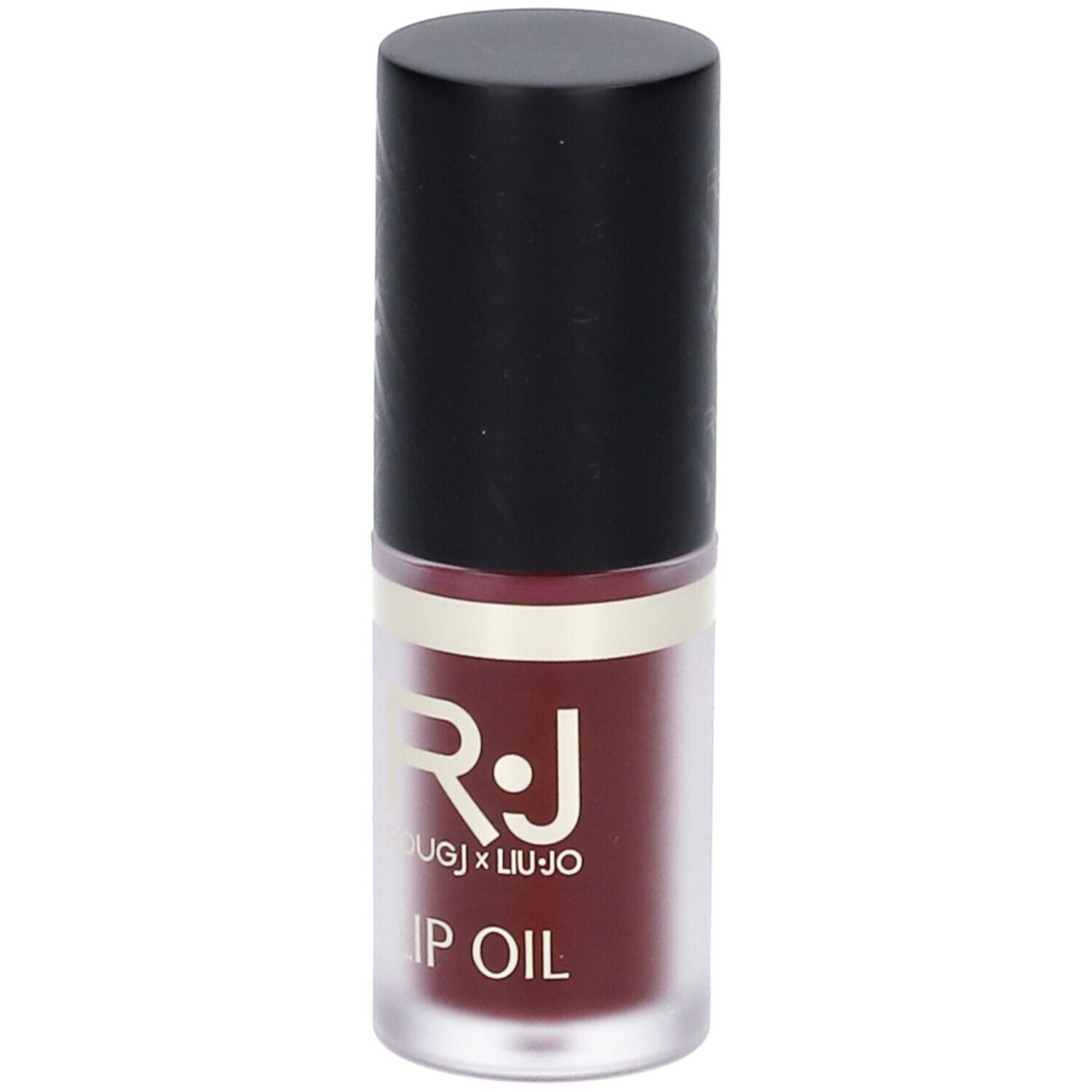 Olio labbra in flacone cilindrico con tappo nero. Logo R.J. ROUGJ x Liu Jo e scritta LIP OIL.