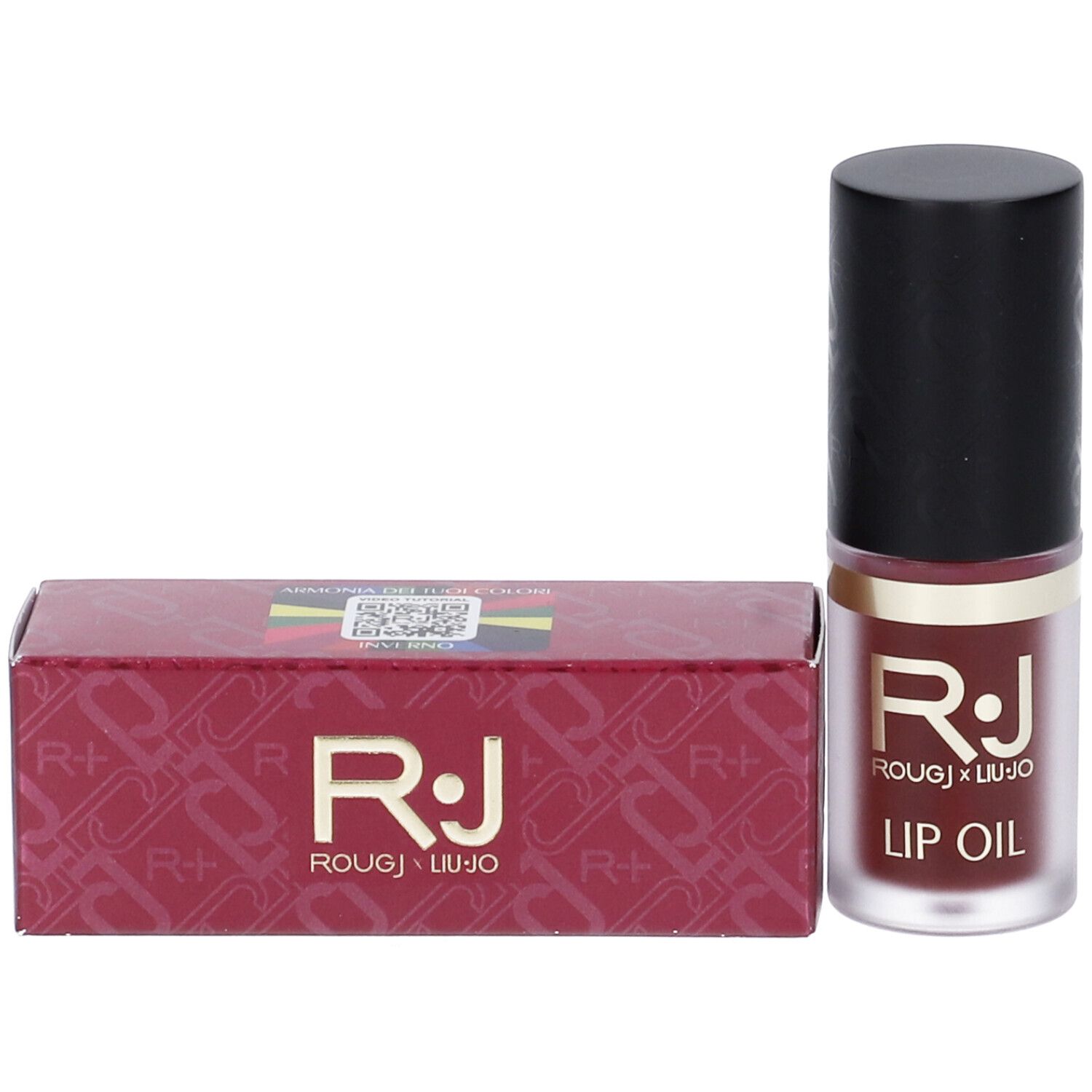 Flacone olio labbra e confezione. Logo R.J. ROUGJ x Liu Jo e scritta LIP OIL. Confezione rossa.