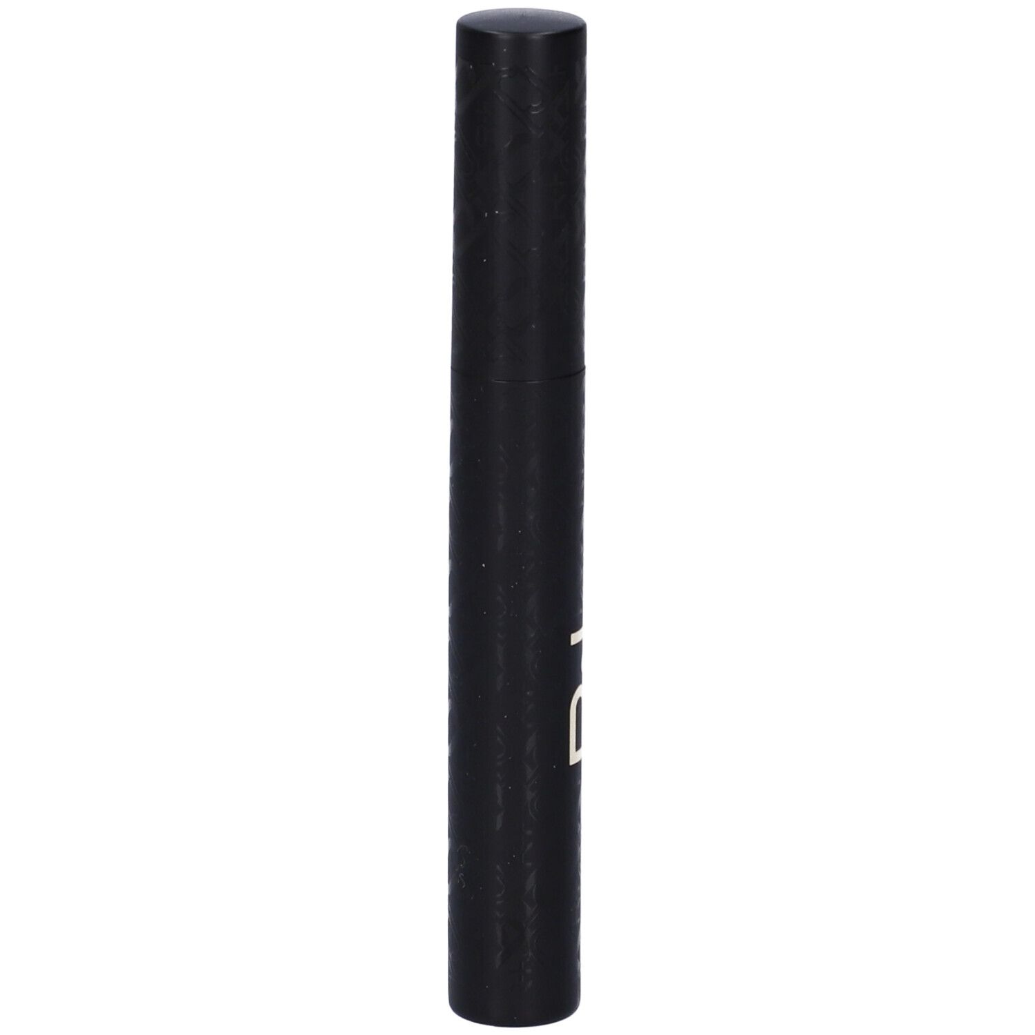 Tubo di mascara nero. Forma cilindrica con tappo arrotondato. Scritta bianca.
