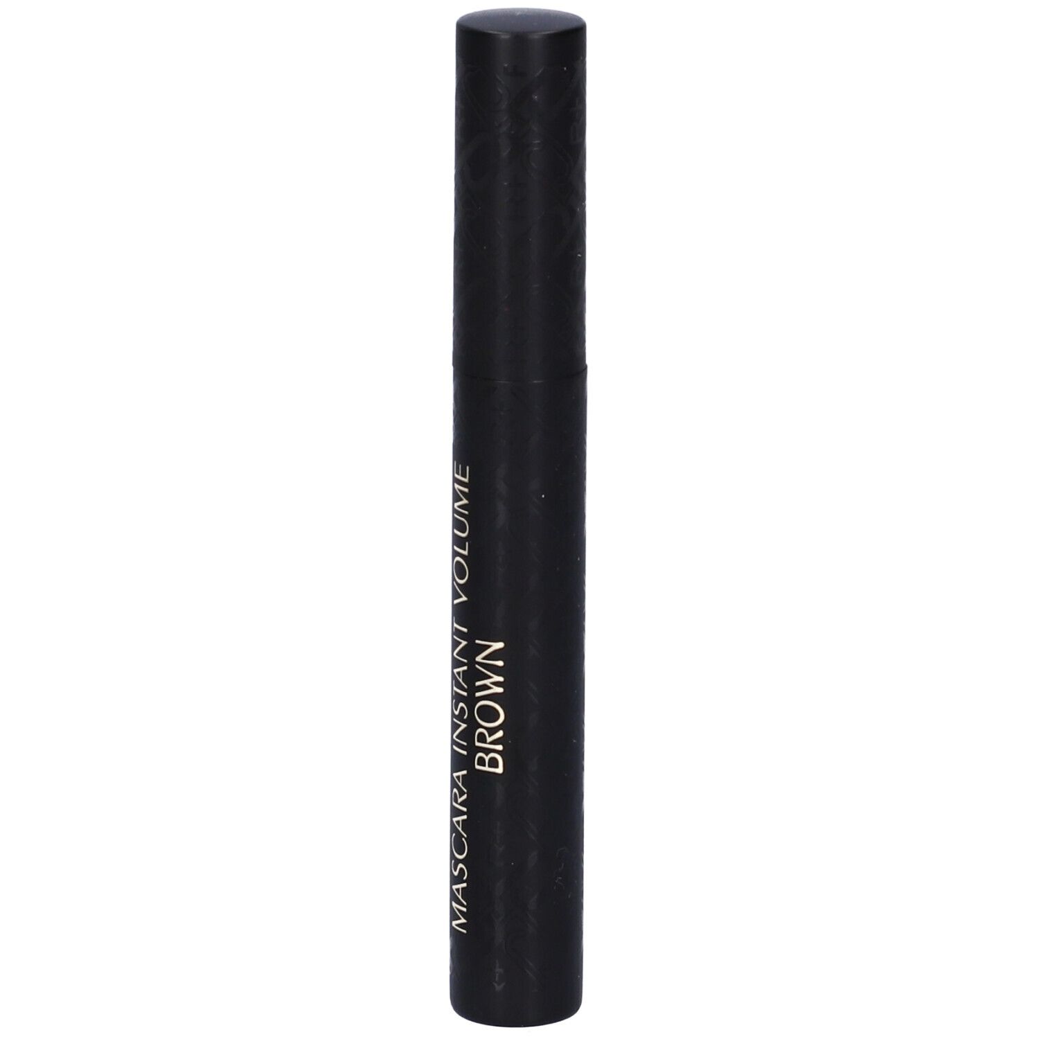 Tubo di mascara nero con testo: MASCARA INSTANT VOLUME BROWN. Forma cilindrica con tappo arrotondato.