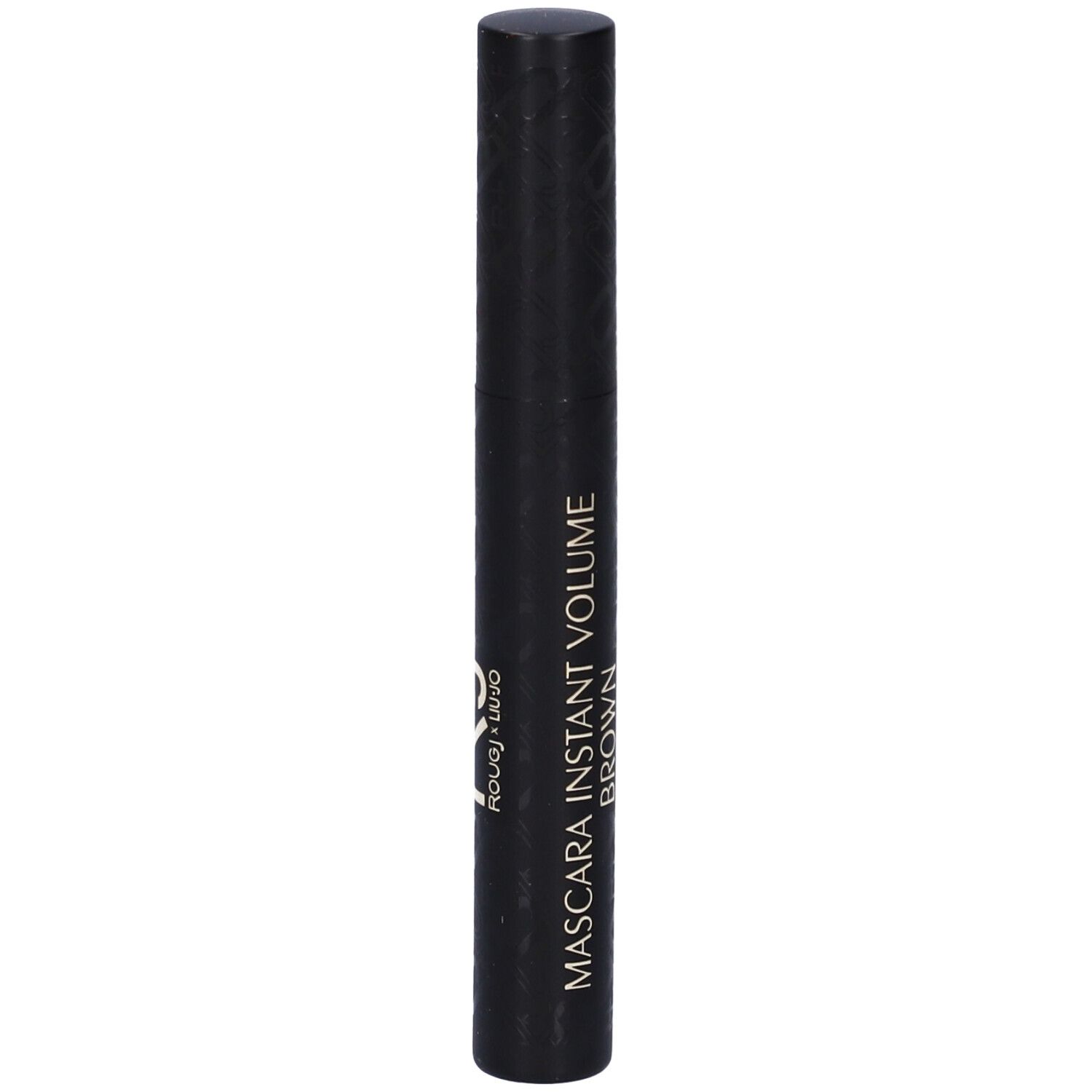 Tubo di mascara nero con testo: MASCARA INSTANT VOLUME BROWN. Forma cilindrica con tappo arrotondato.