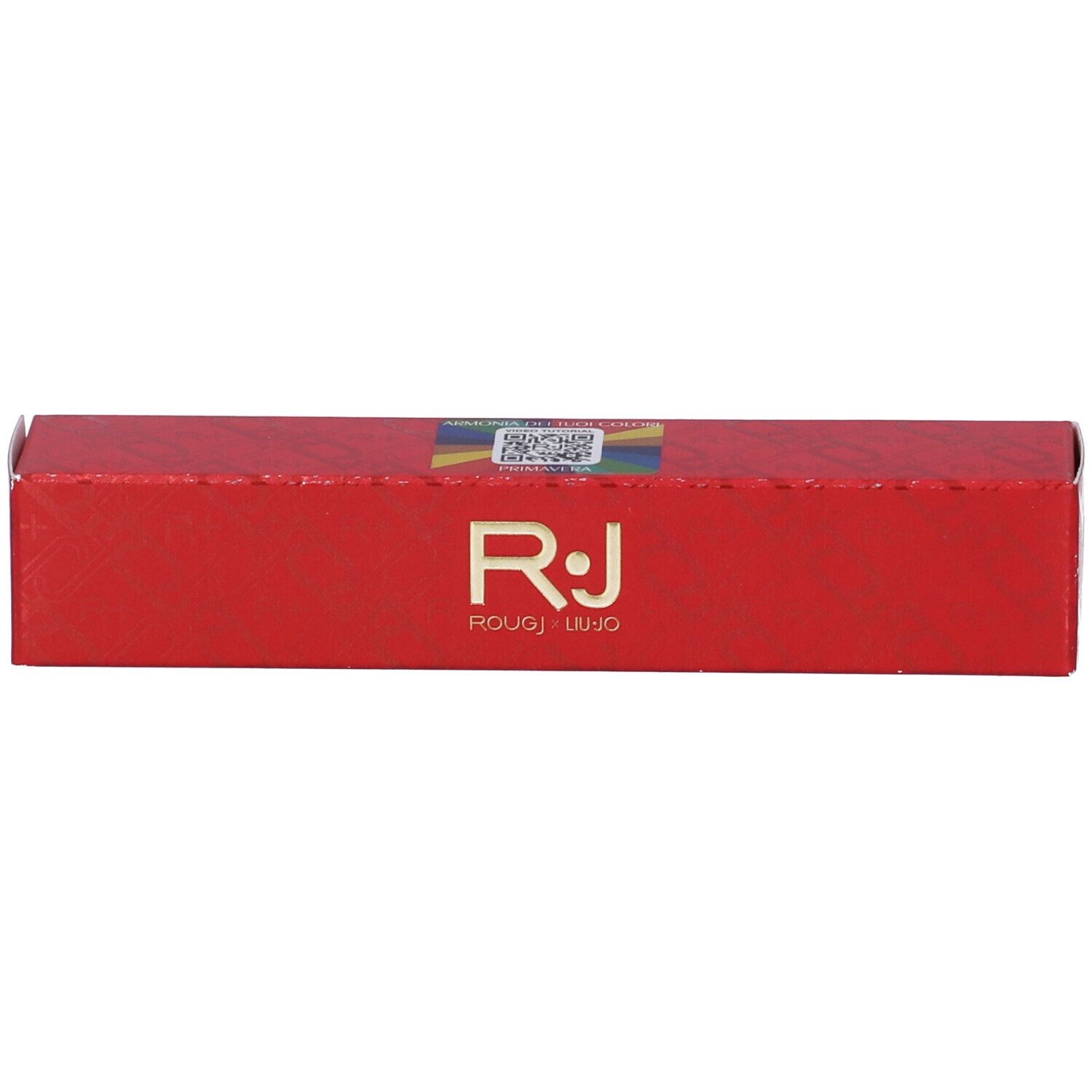 Confezione rettangolare rossa con logo ROUGJ+ x Liu Jo. Con codice QR e striscia colorata.