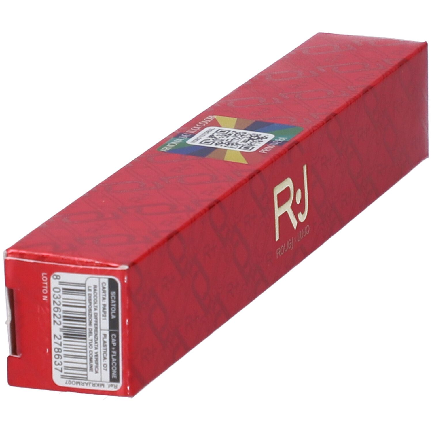 Confezione rossa allungata. Sul lato sono presenti un codice QR, un codice a barre e informazioni.