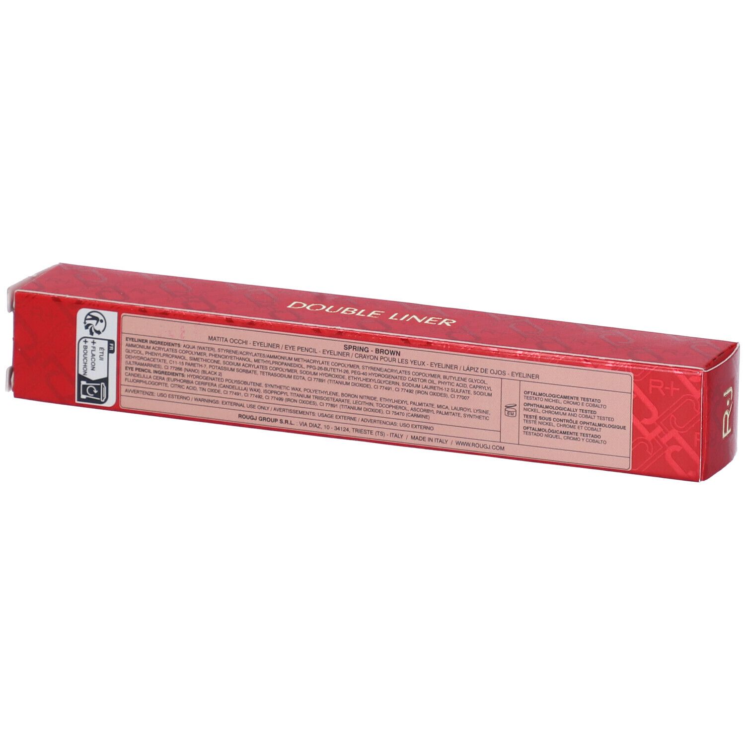 Confezione rossa allungata con testo DOUBLE LINER e informazioni sul prodotto. Scritta SPRING BROWN.