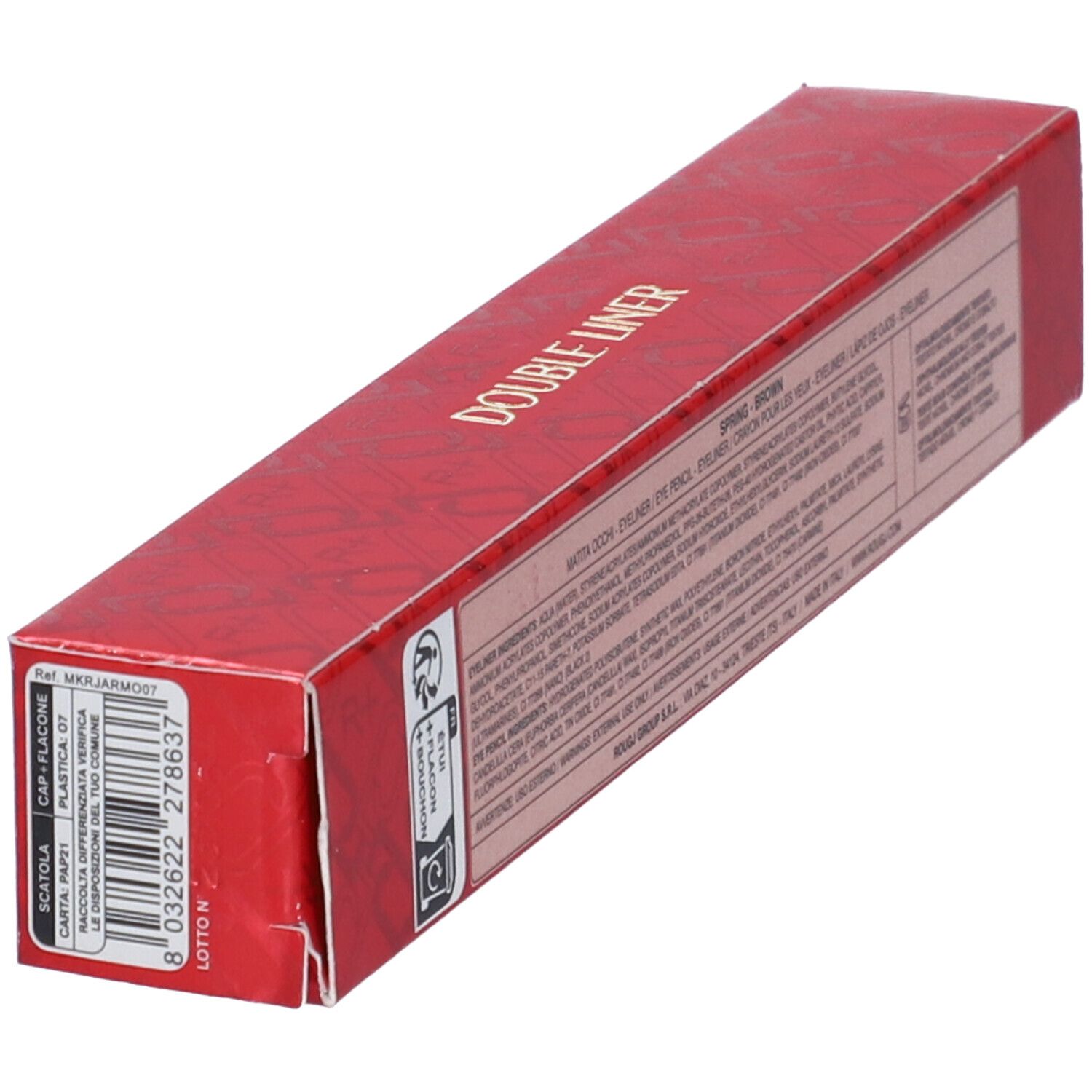 Confezione rossa allungata. Testo DOUBLE LINER e informazioni sul prodotto. Codice a barre e simboli di riciclaggio.