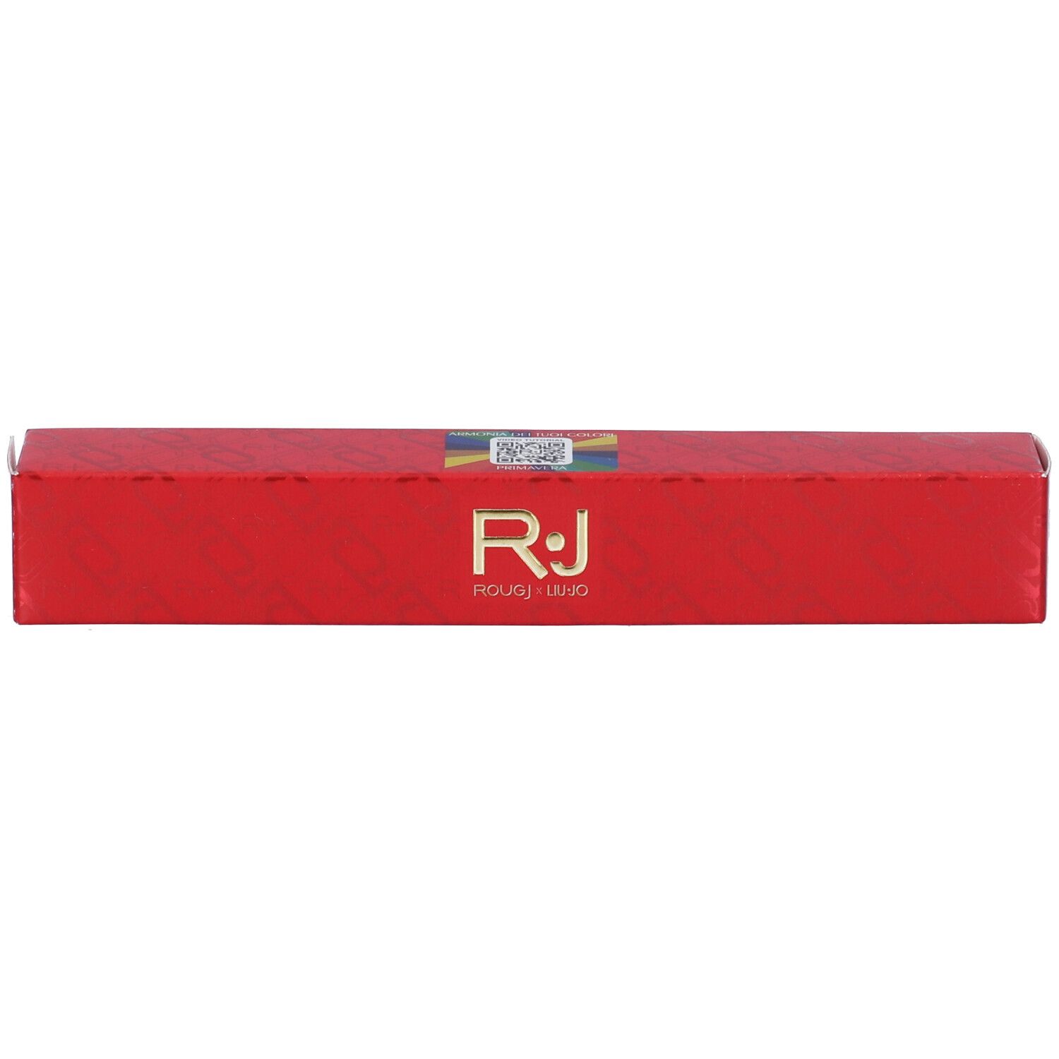 Confezione rossa allungata con logo RJ dorato e scritta. Codice QR e motivi sulla superficie.