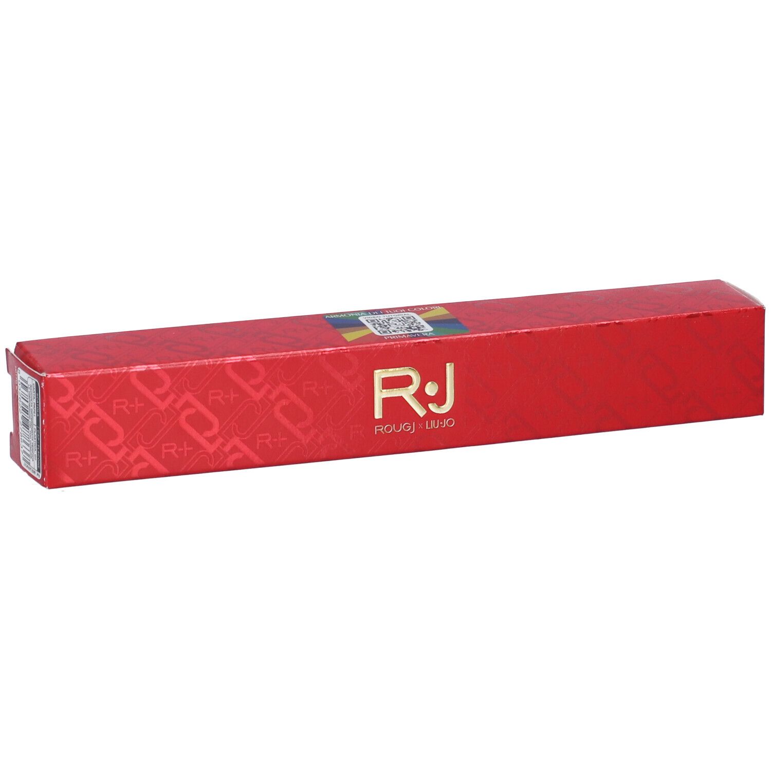 Confezione rossa allungata con logo RJ dorato e scritta. Codice QR e motivi sulla superficie.