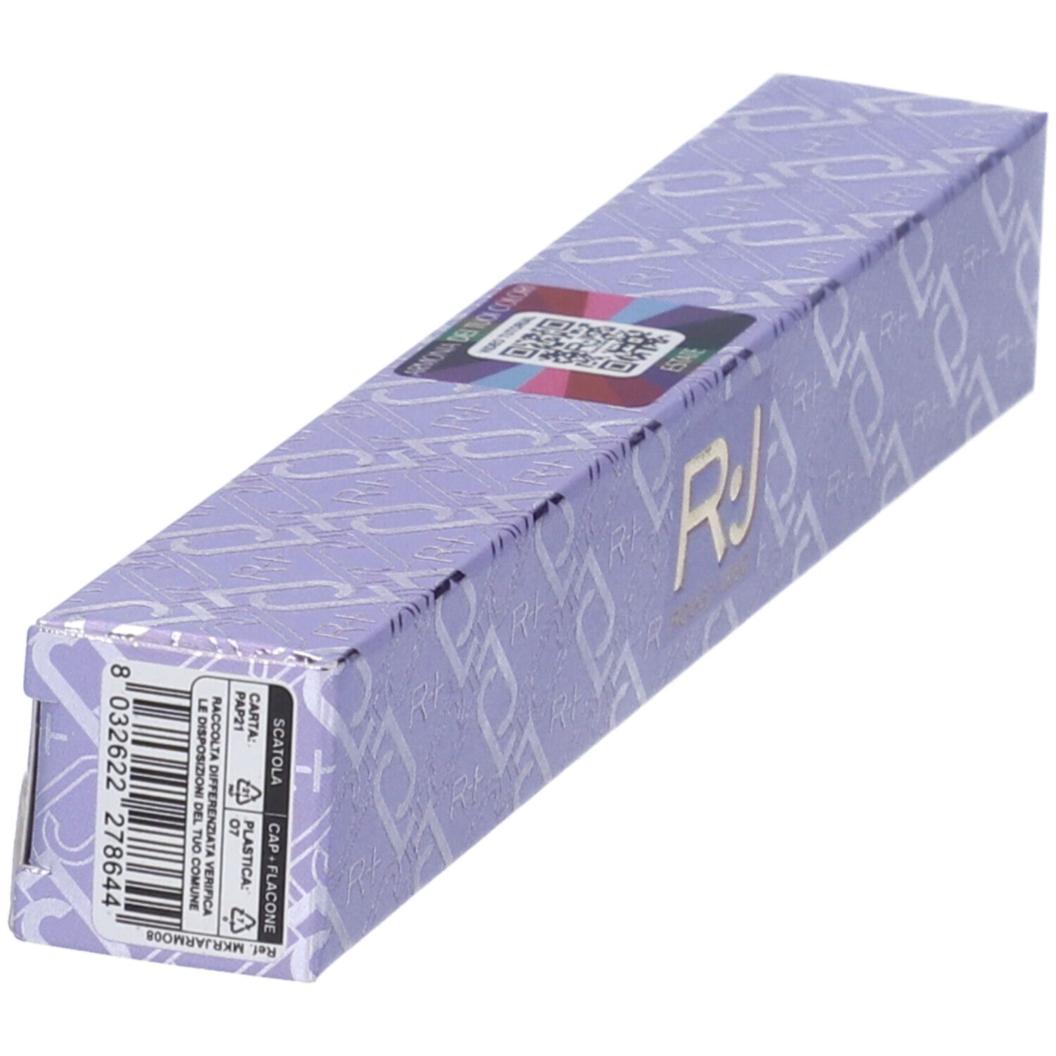 Confezione lilla. Scritte R+ e ROUGJ+. Codice a barre e QR.