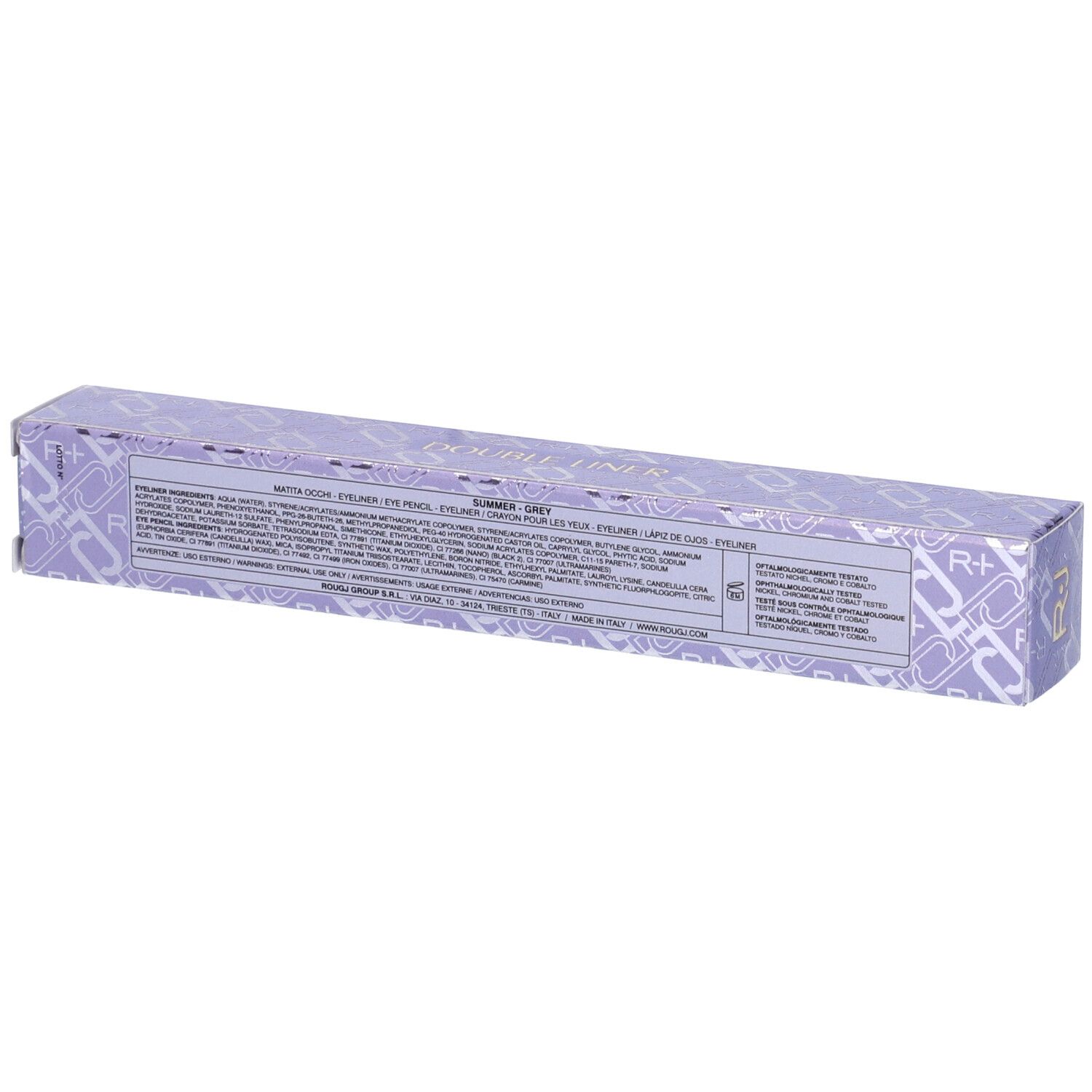 Confezione lilla. Scritte R+ e ROUGJ+. Testo con ingredienti e nome.