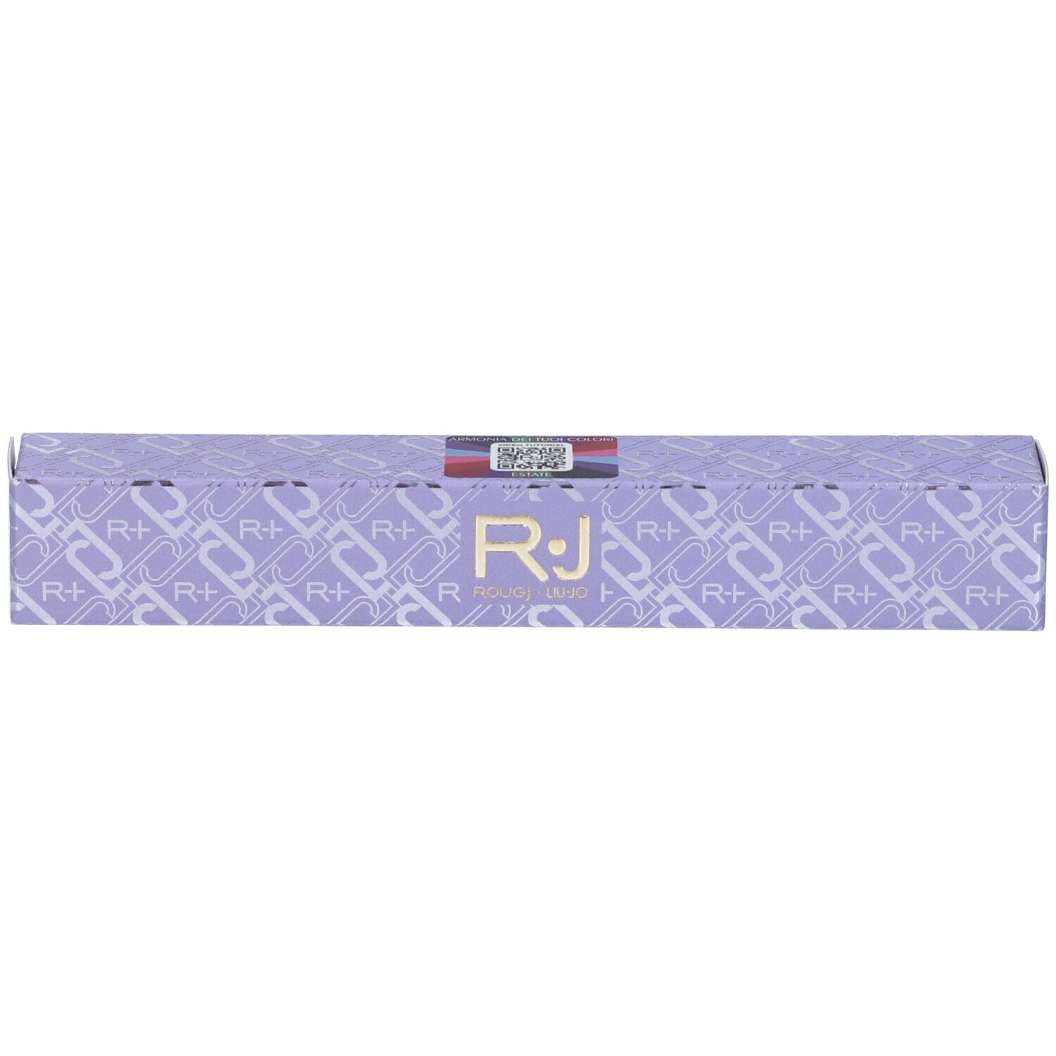 Confezione lilla con logo ROUGJ+. Forma rettangolare. Codice QR.
