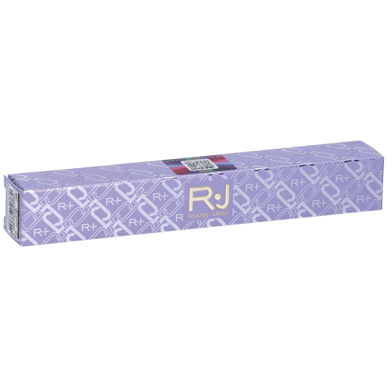 Confezione lilla con logo ROUGJ+. Forma rettangolare. Codice QR.