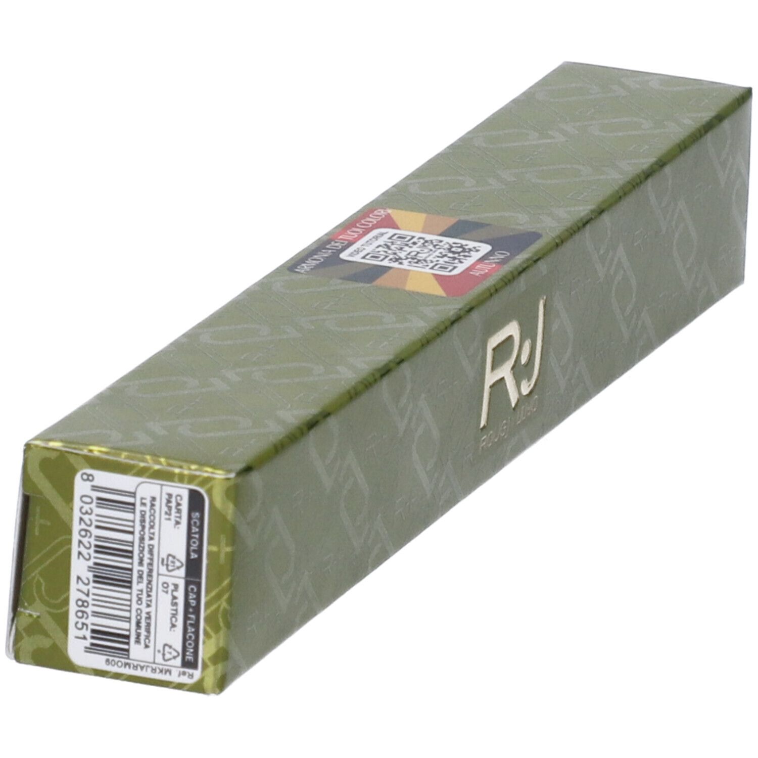 Confezione verde, rettangolare. Stampa con codice a barre e testo. Logo ROUGJ+.