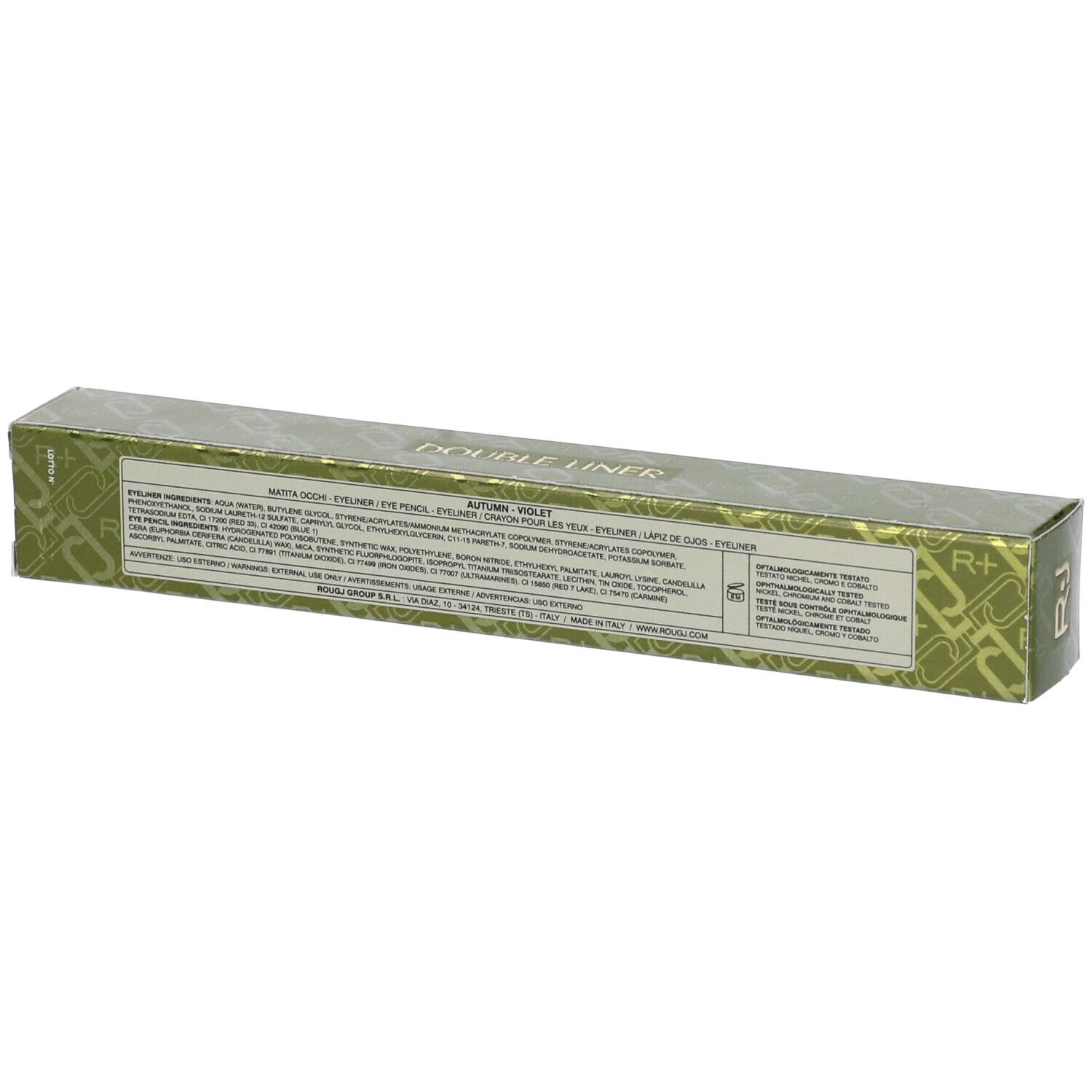Confezione verde con testo e ingredienti. Scritta DOUBLE LINER. Forma rettangolare.