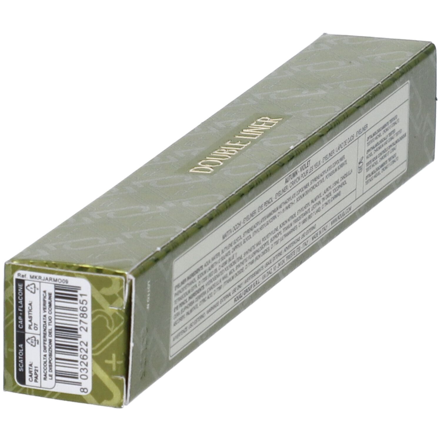 Confezione verde con testo. Scritta DOUBLE LINER. Forma rettangolare. Testo sugli ingredienti.